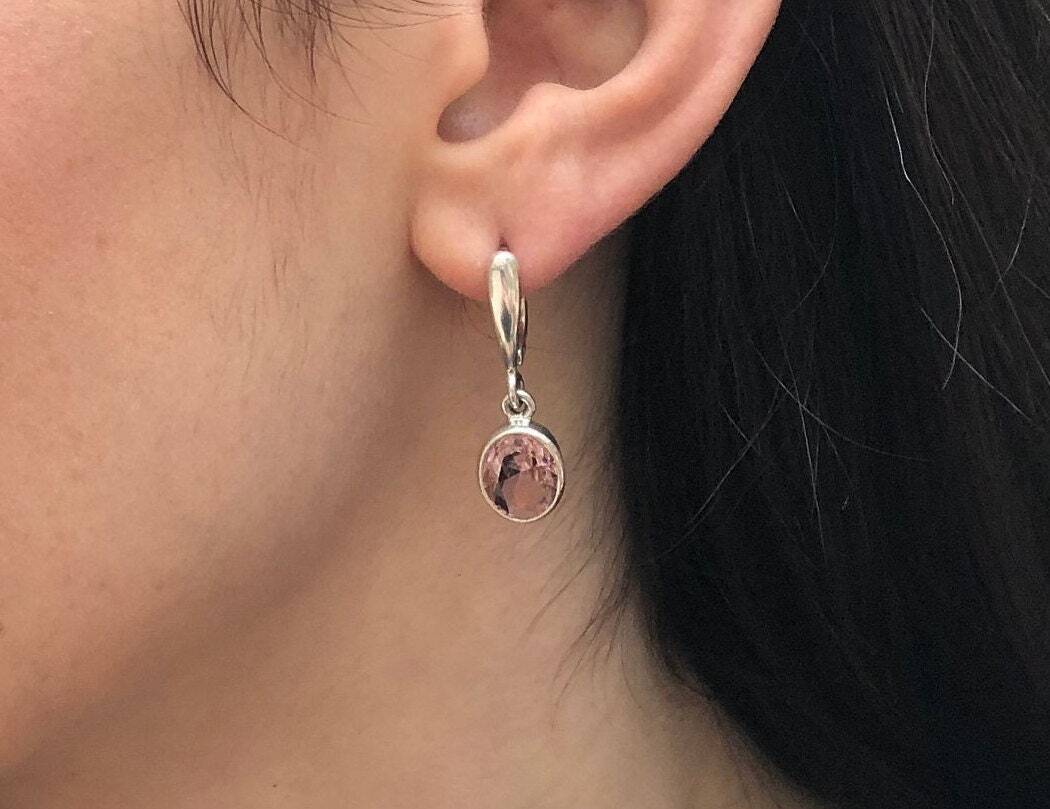 Morganite Earrings, Created Morganite, Dainty Earrings, Cotton Candy Earrings, Dangling Earrings, Pink Earrings, Solid Silver Earrings