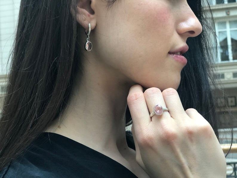 Morganite Earrings, Created Morganite, Dainty Earrings, Cotton Candy Earrings, Dangling Earrings, Pink Earrings, Solid Silver Earrings(1)