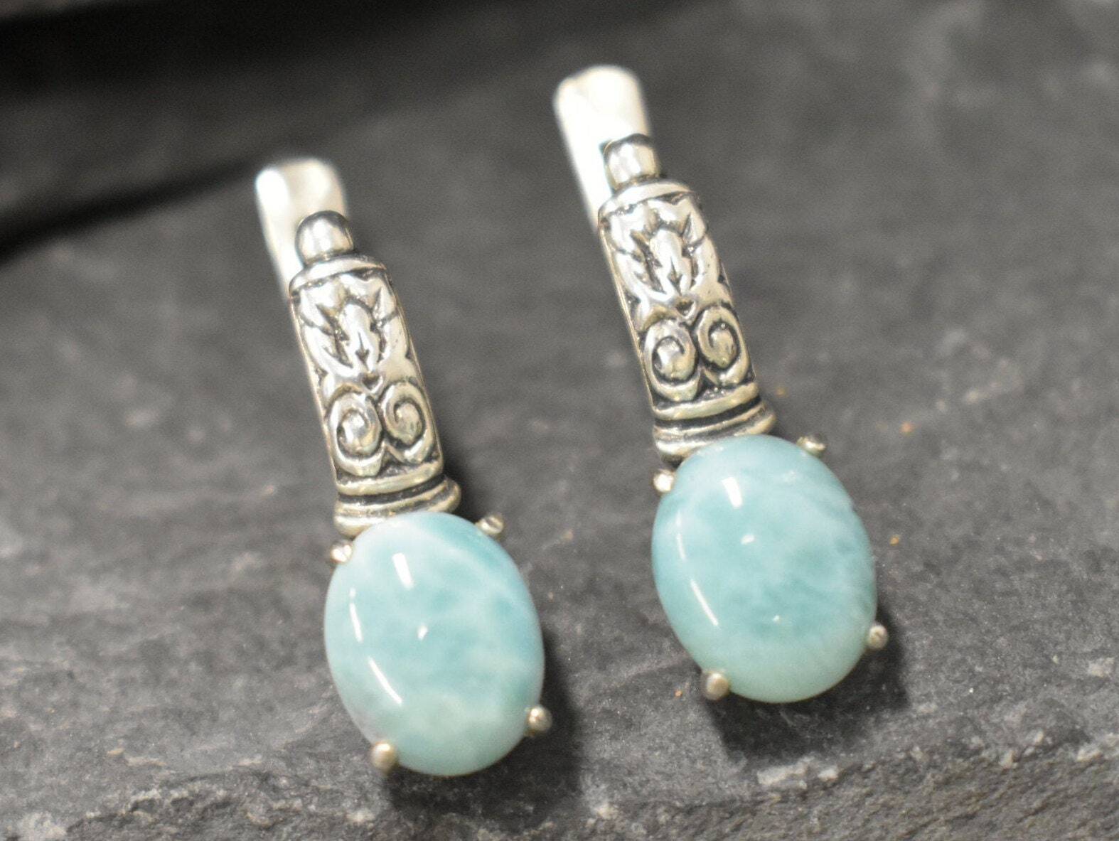Larimar Earrings, Natural Larimar, Blue Tribal Earrings, Blue Stone Earrings, Vintage Silver Earrings, Silver Tribal Earrings, Boho Earrings