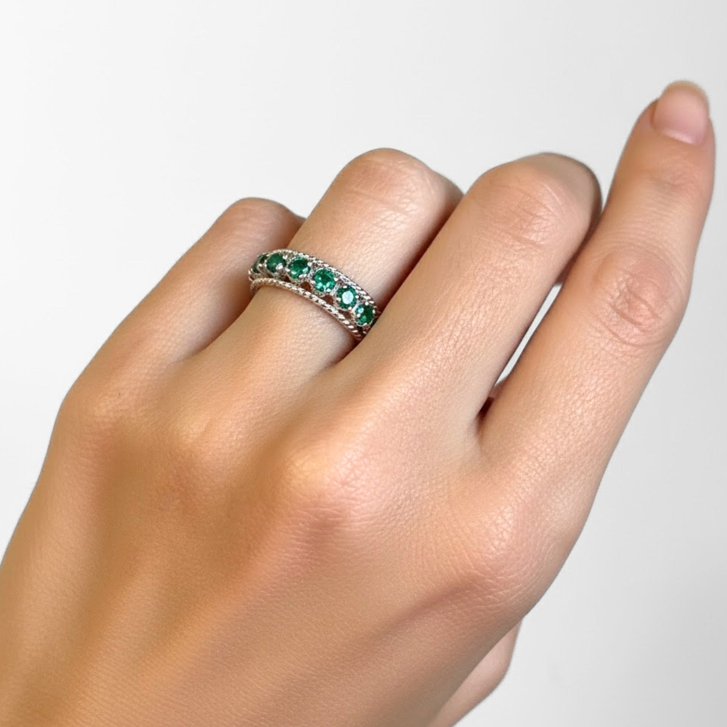 Crafted Emerald Ring in 925 Sterling Silver, featuring a Round Created Green Emerald, ideal for May birthdays and special celebrations.