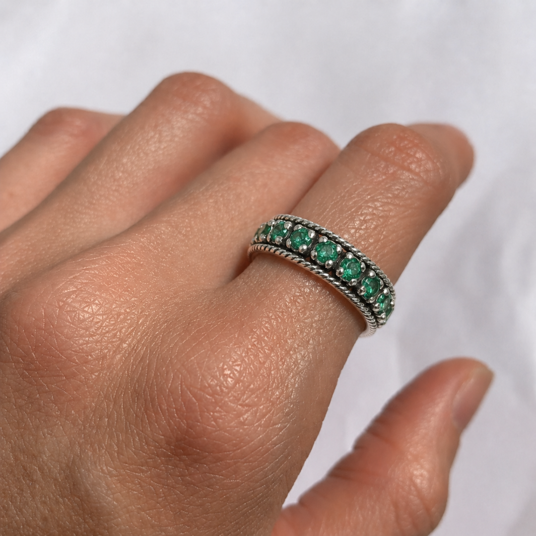 Crafted Emerald Ring in 925 Sterling Silver, featuring a Round Created Green Emerald, ideal for May birthdays and special celebrations.
