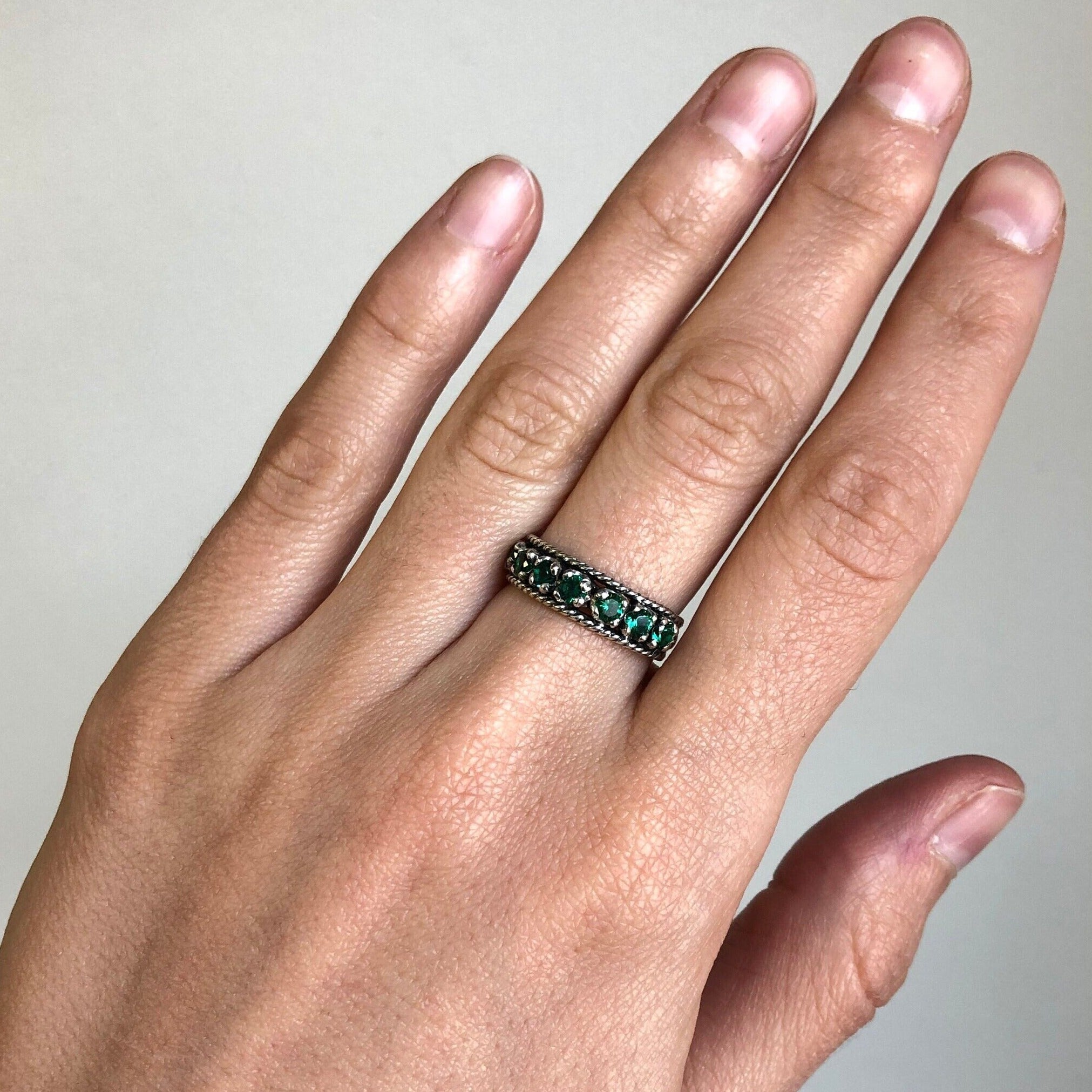 Vintage Emerald Ring, Antique Ring, Half Eternity Ring, Antique Emerald Ring, Sterling Silver Ring, Created Emerald Ring, Emerald Ring, Band