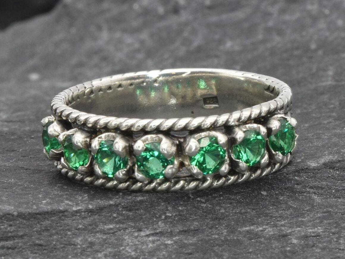 Vintage Emerald Ring, Antique Ring, Half Eternity Ring, Antique Emerald Ring, Sterling Silver Ring, Created Emerald Ring, Emerald Ring, Band