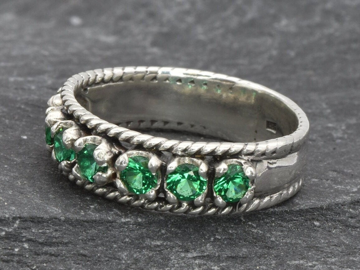 Vintage Emerald Ring, Antique Ring, Half Eternity Ring, Antique Emerald Ring, Sterling Silver Ring, Created Emerald Ring, Emerald Ring, Band