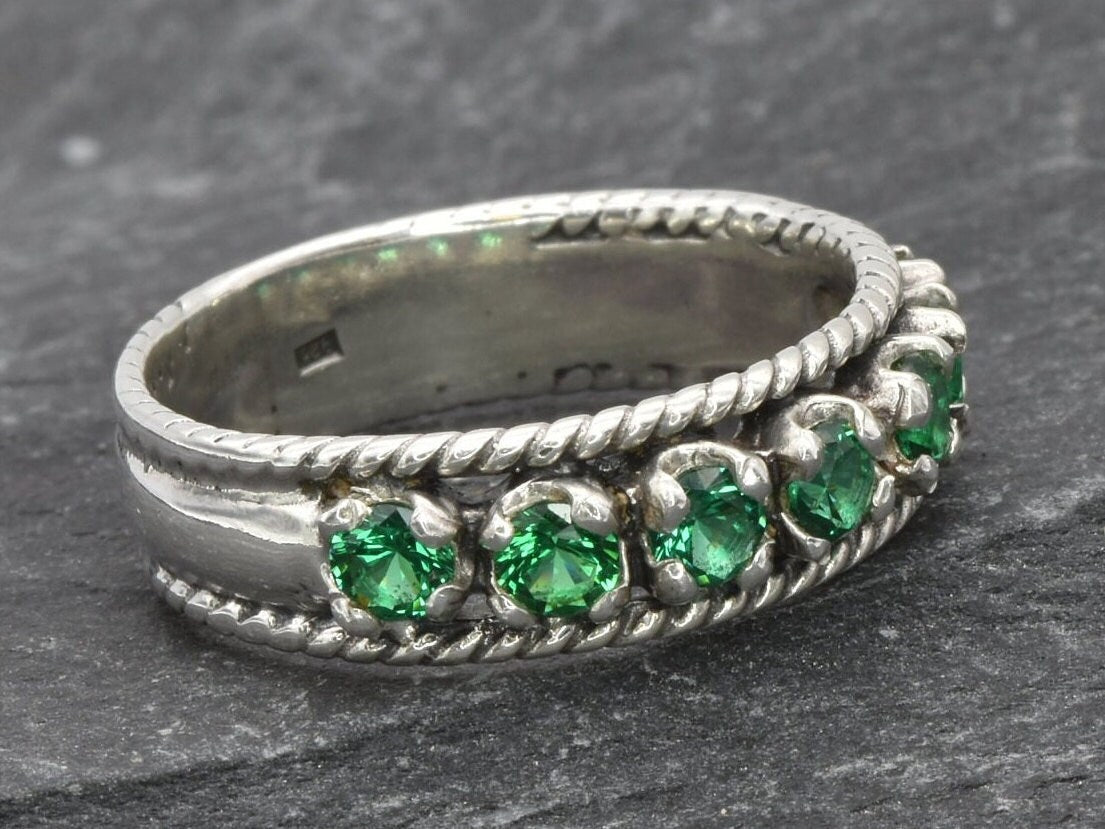 Vintage Emerald Ring, Antique Ring, Half Eternity Ring, Antique Emerald Ring, Sterling Silver Ring, Created Emerald Ring, Emerald Ring, Band