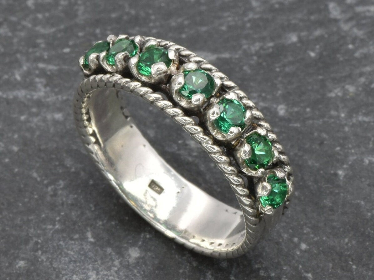 Vintage Emerald Ring, Antique Ring, Half Eternity Ring, Antique Emerald Ring, Sterling Silver Ring, Created Emerald Ring, Emerald Ring, Band