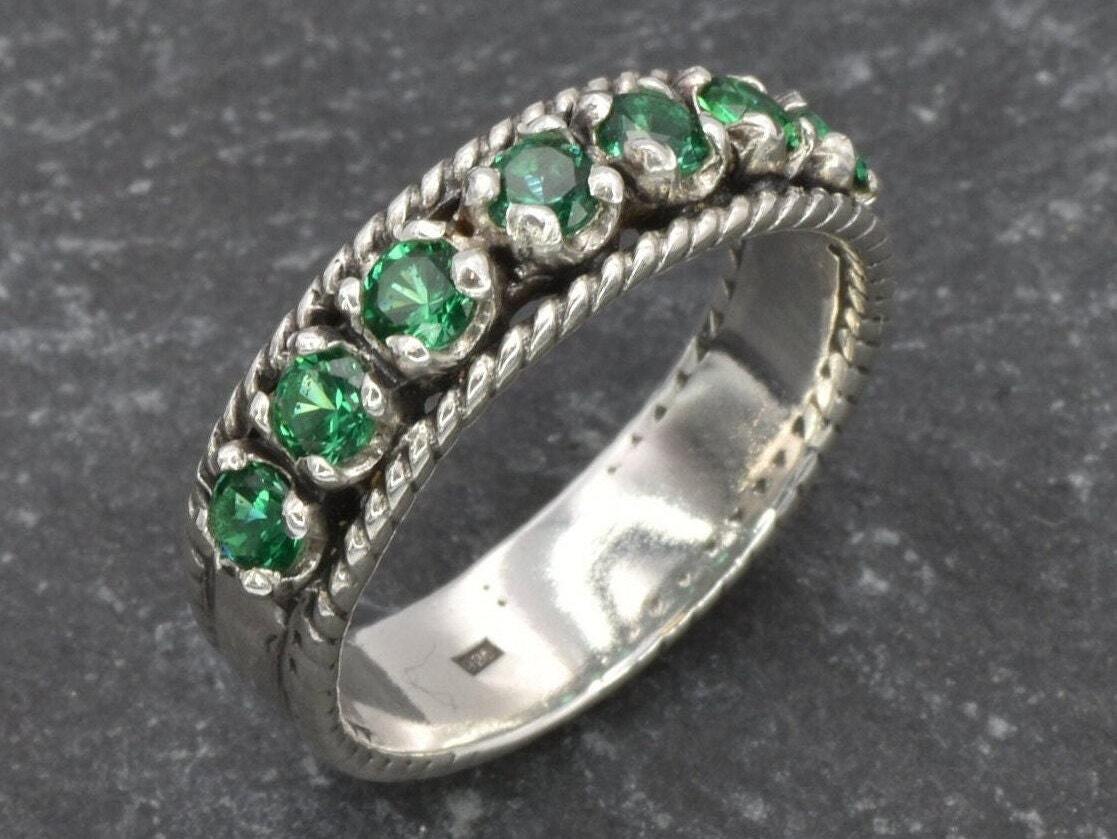 Vintage Emerald Ring, Antique Ring, Half Eternity Ring, Antique Emerald Ring, Sterling Silver Ring, Created Emerald Ring, Emerald Ring, Band