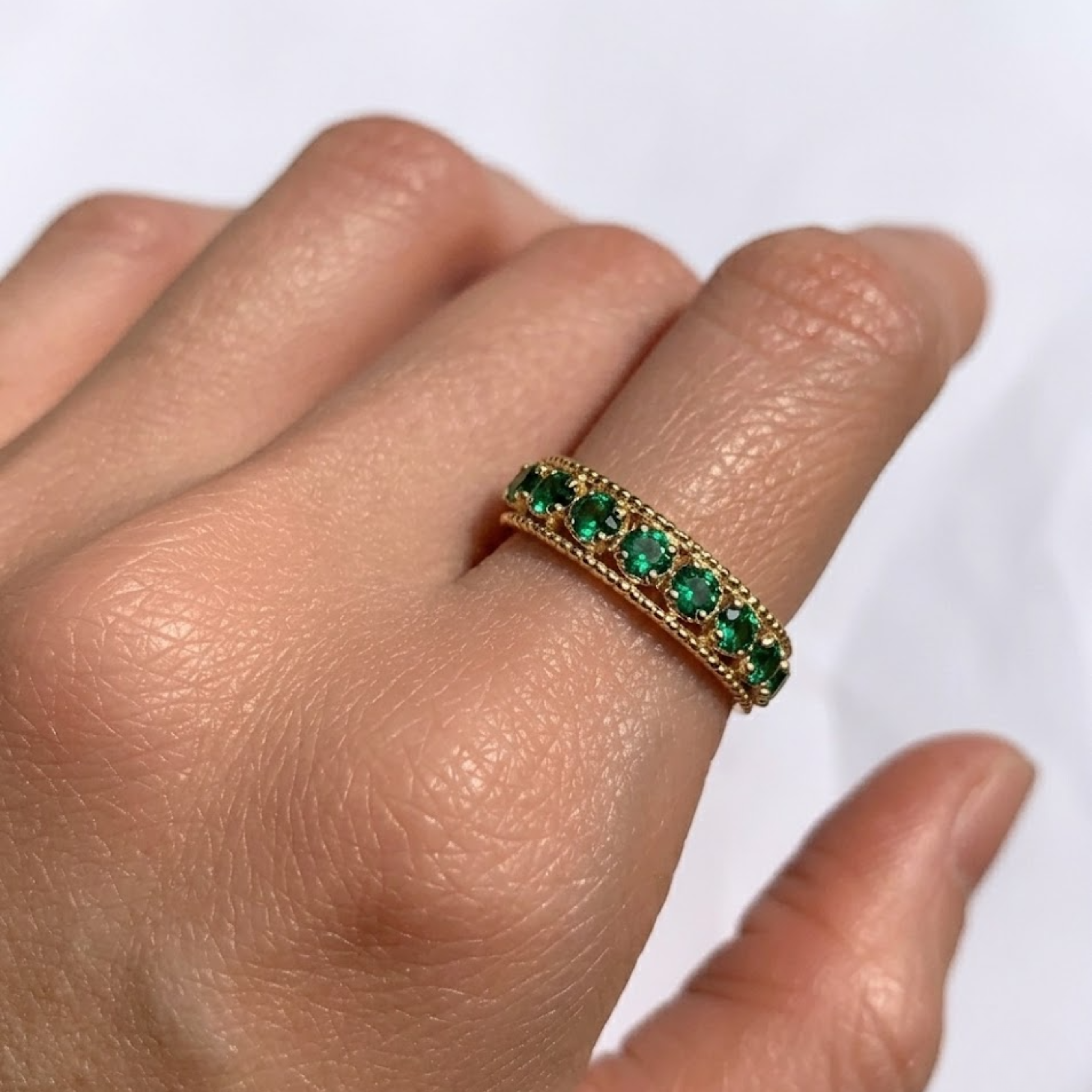 18k Gold Vermeil Emerald Halo Ring featuring a stunning Round Created Green Emerald—perfect May birthstone gift.