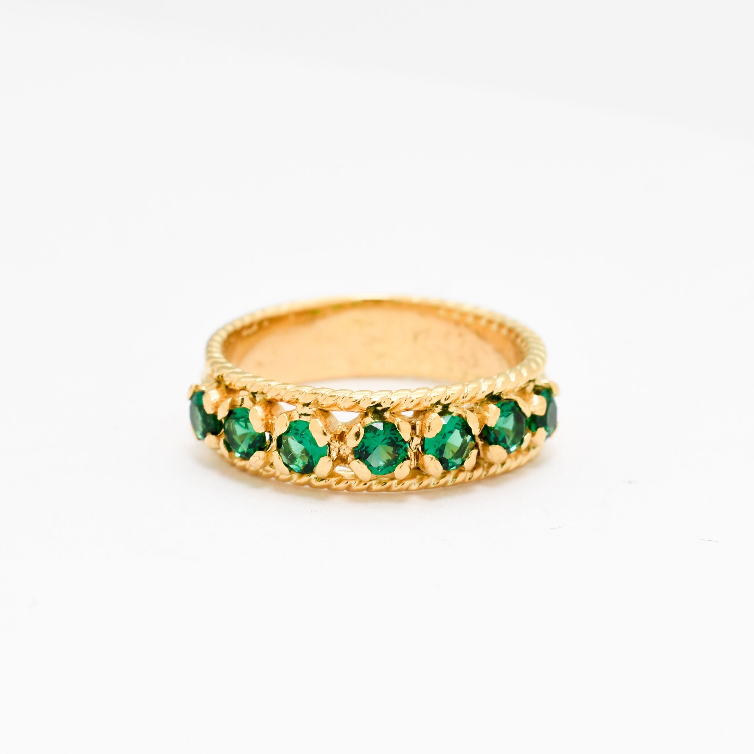 Created Emerald Ring made in 18k Gold Vermeil with Round Created Green Emerald in Channel-Set setting, May Birthstone gift idea, symbolizes, ideal for everyday wear and perfect for birthday gifting and special occasions.