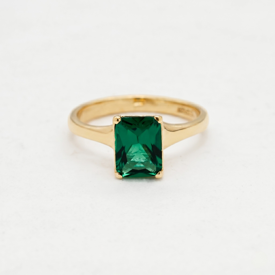 Stunning 18k Gold Vermeil Emerald Ring with a created emerald, perfect as a thoughtful May birthday gift or special occasion jewel.
