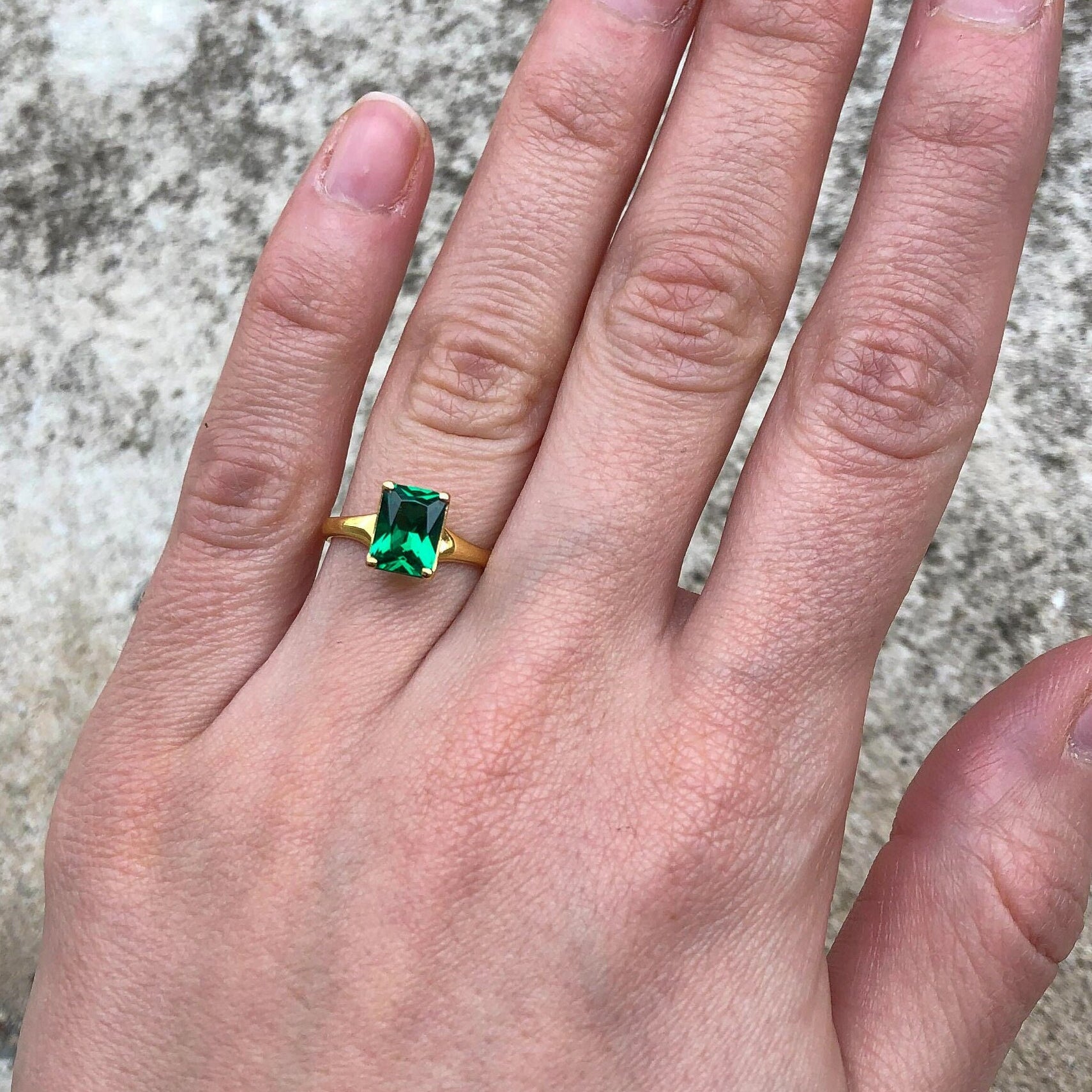 Elegant Created Emerald Ring in 18k Gold Vermeil, perfect for May birthdays and special occasions. Ideal everyday wear.