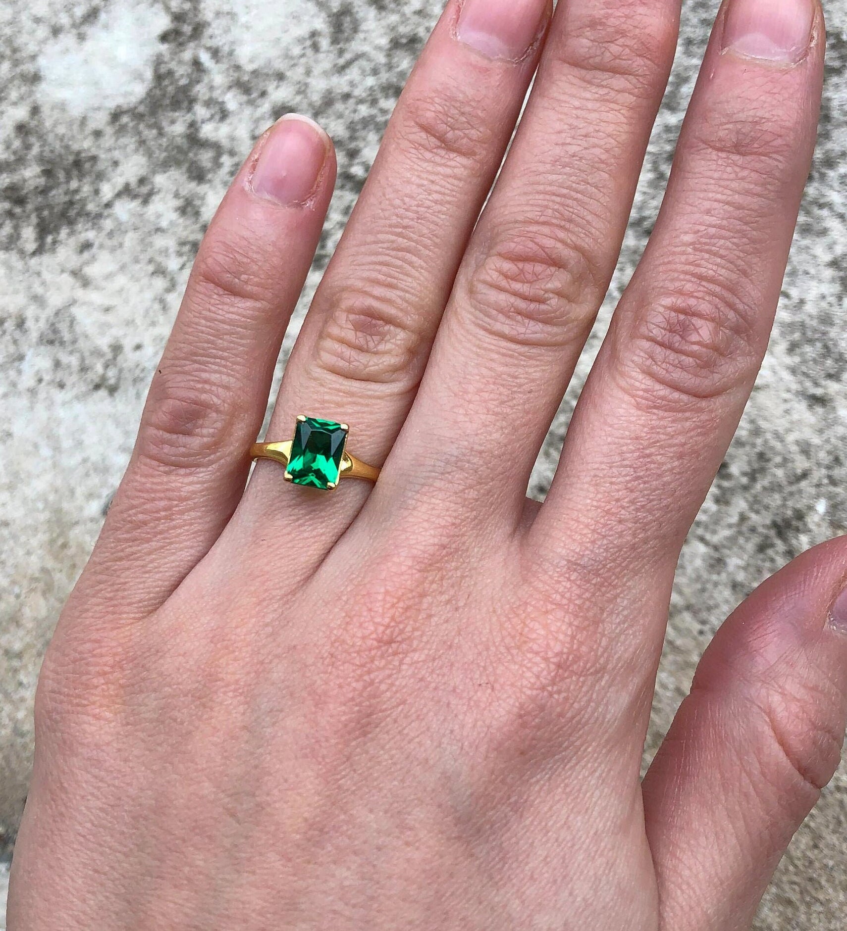 Elegant Created Emerald Ring in 18k Gold Vermeil, perfect for May birthdays and special occasions. Ideal everyday wear.