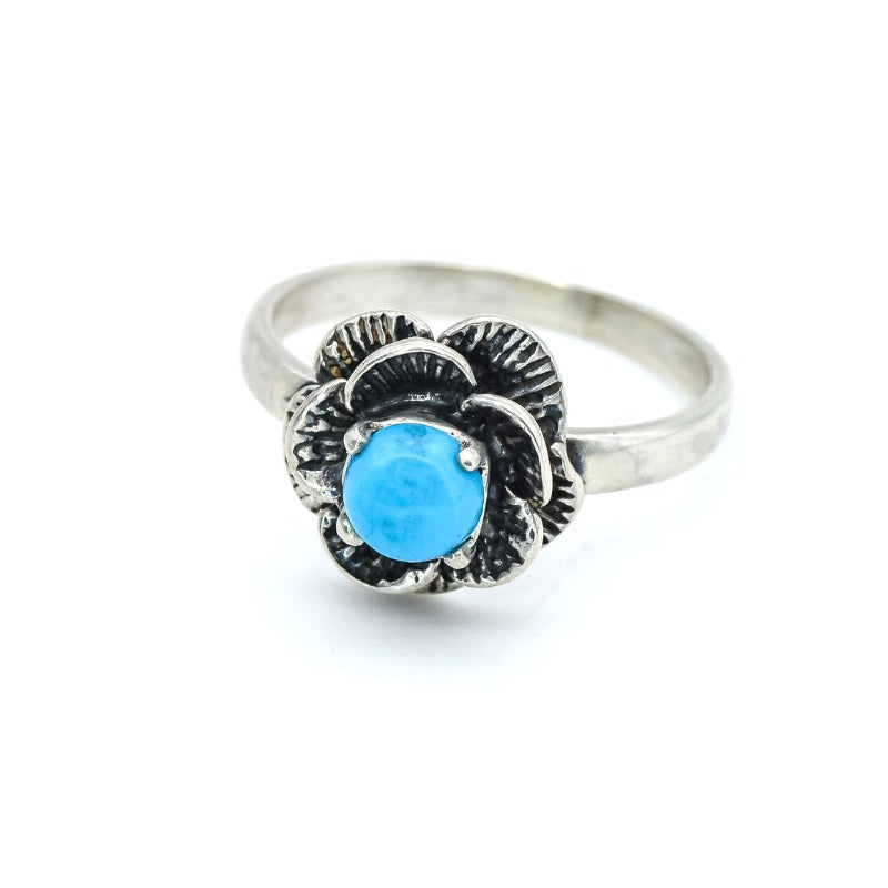 Genuine Turquoise Ring - Blue Solitaire Ring - Rose Flower Ring