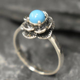 Genuine Turquoise Ring - Blue Solitaire Ring - Rose Flower Ring