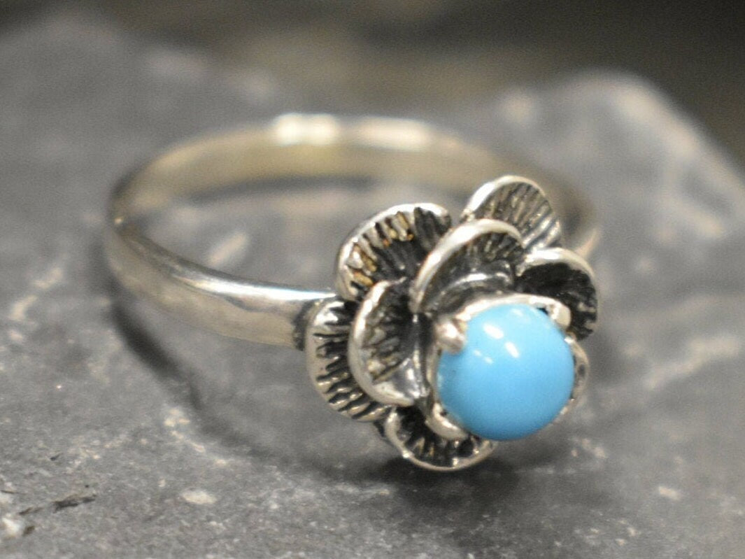 Genuine Turquoise Ring - Blue Solitaire Ring - Rose Flower Ring