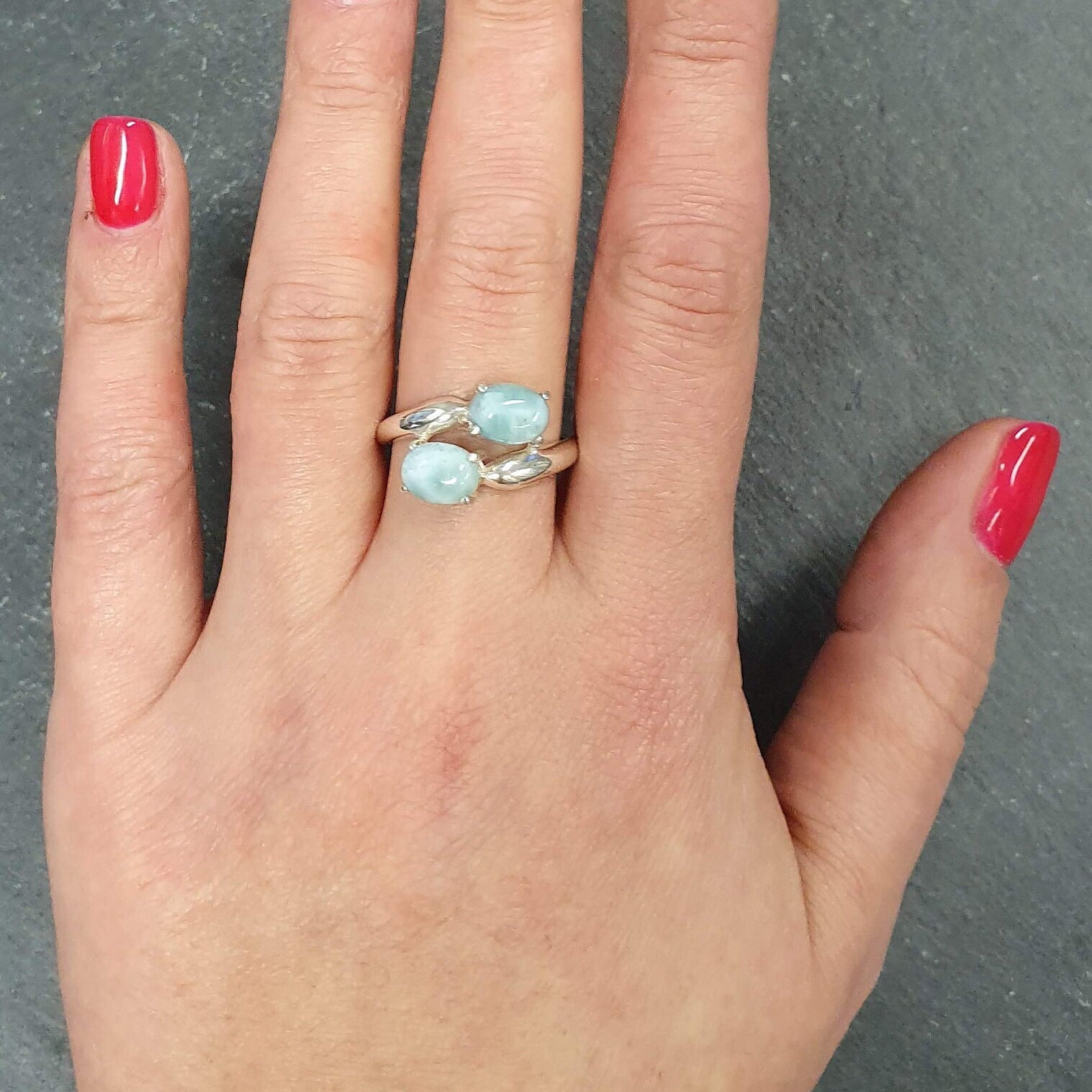 Larimar Ring, Natural Larimar, Asymmetric Ring, Blue Vintage Ring, 2 Stone Ring, Vintage Ring, Jewel of Atlantis, Solid Silver Ring, Larimar