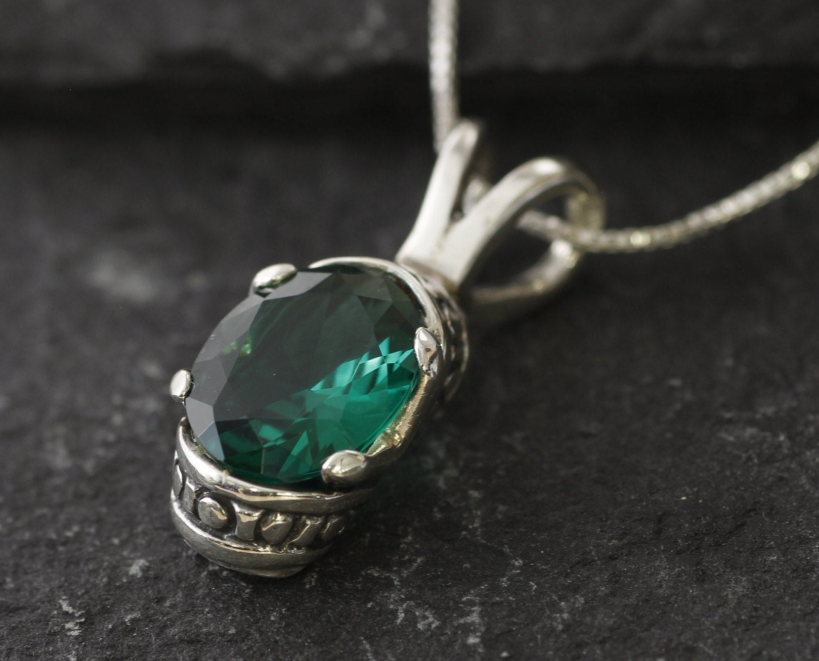 Elegant 925 Sterling Silver Emerald Pendant featuring an Oval Created Green Emerald, perfect for May birthdays and special occasions.