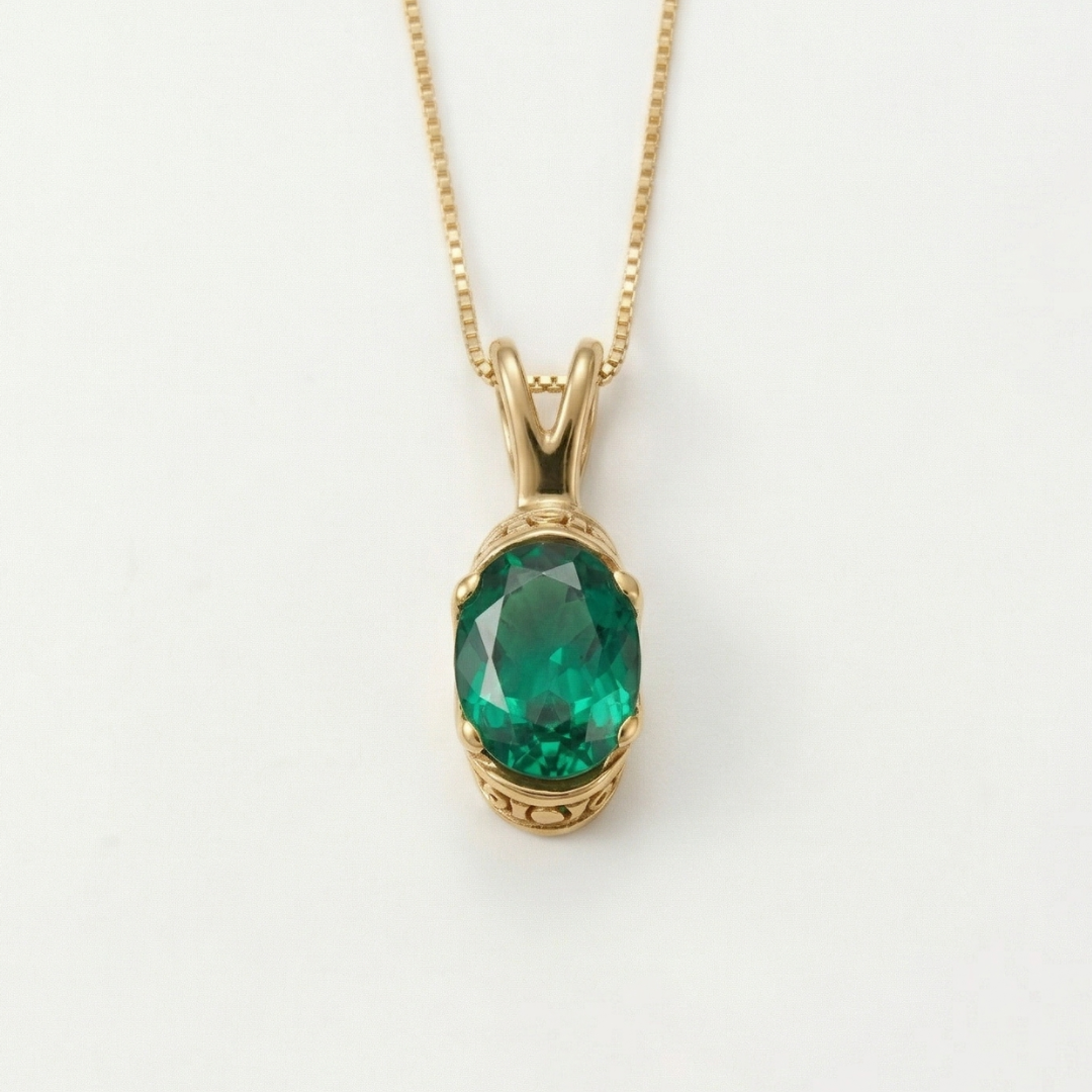 Created Emerald Pendant made in 18k Gold Vermeil with Oval Created Green Emerald in Solitaire setting, May Birthstone gift idea, symbolizes, ideal for everyday wear and perfect for birthday gifting and special occasions.