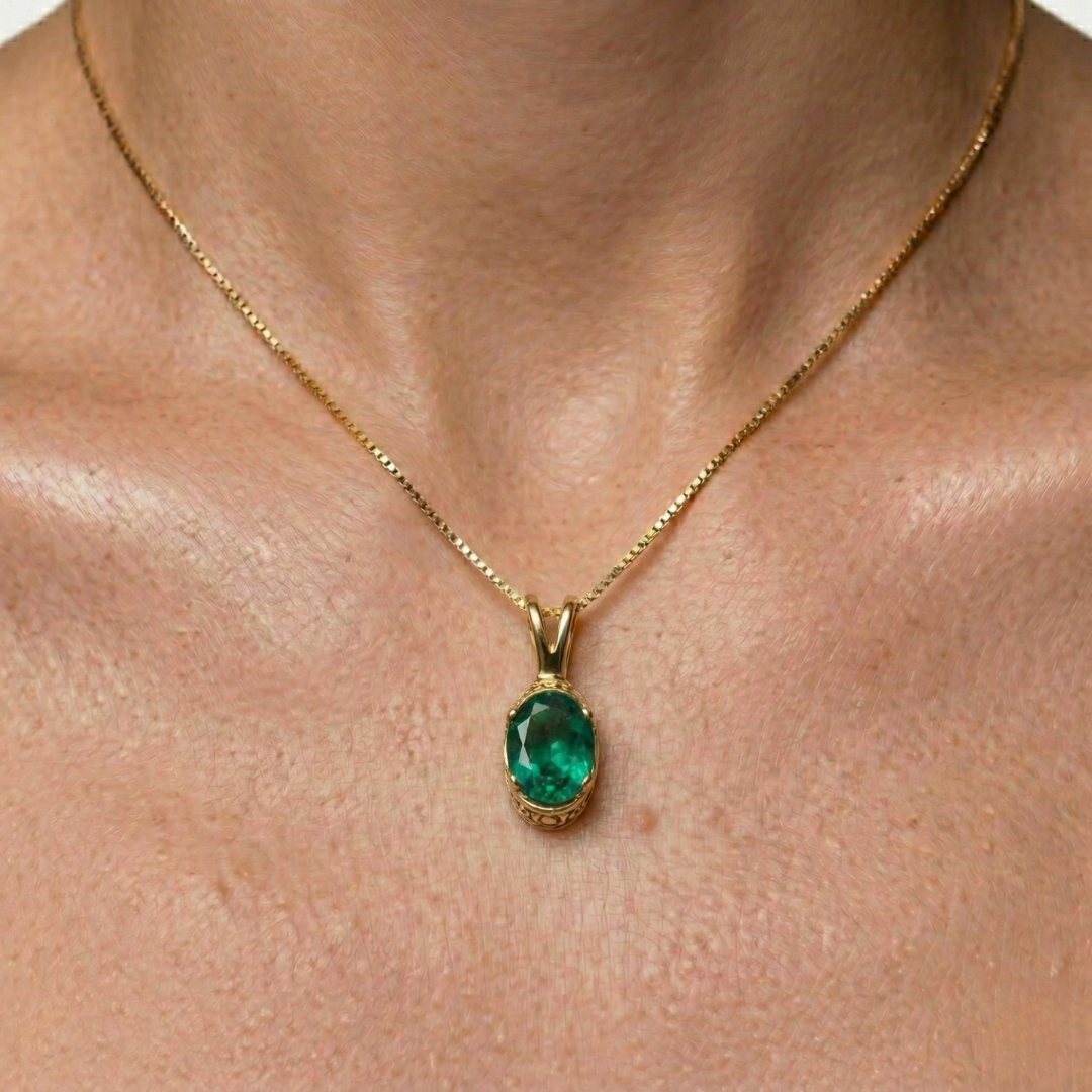 Elegant 18k Gold Vermeil Emerald Pendant, featuring a stunning Oval Created Green Emerald—perfect for birthdays and special occasions.