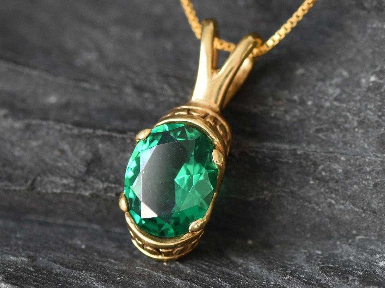 Created Emerald Pendant made in 18k Gold Vermeil with Oval Created Green Emerald in Solitaire setting, May Birthstone gift idea, symbolizes, ideal for everyday wear and perfect for birthday gifting and special occasions.