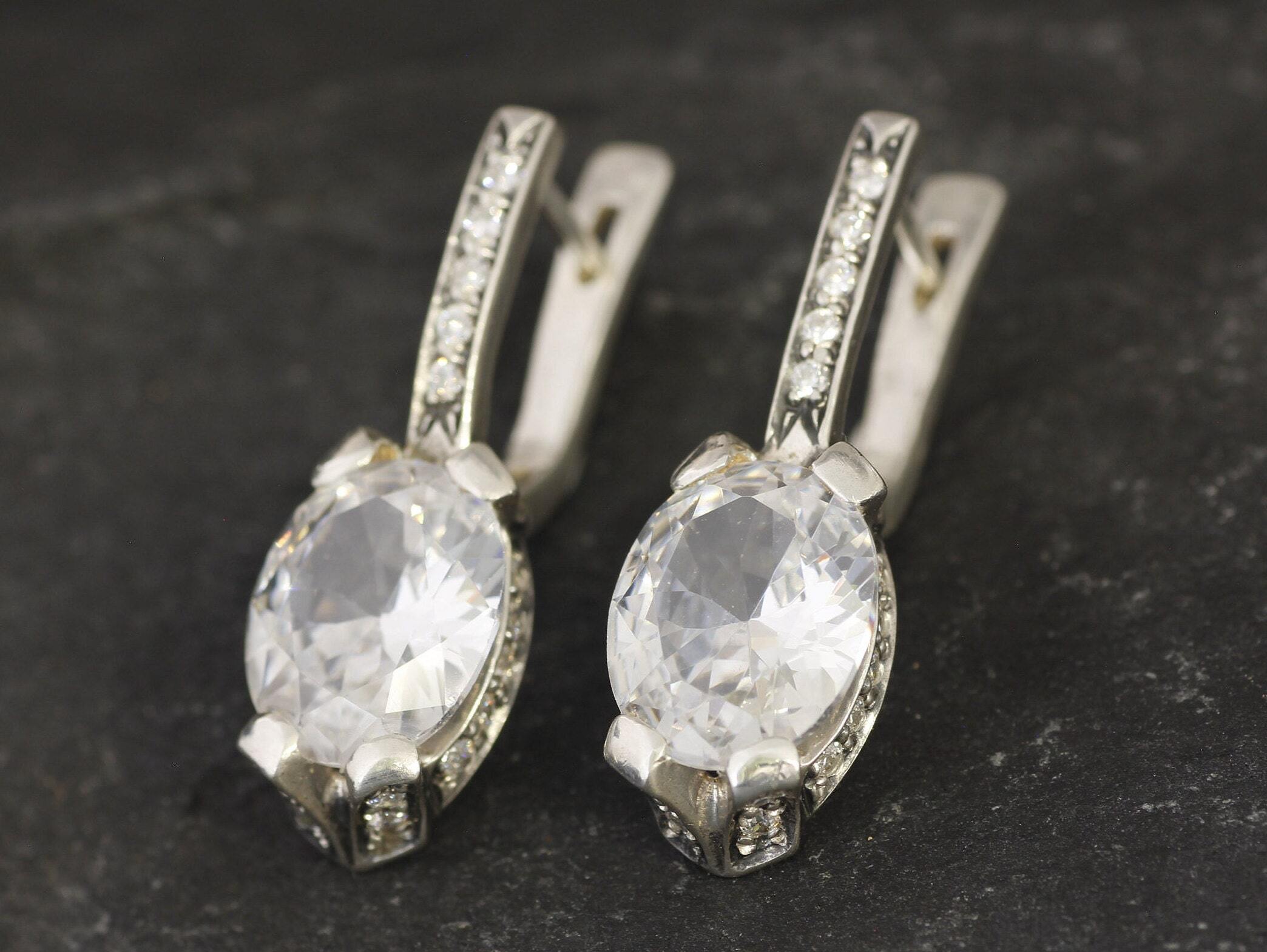 Diamond Earrings, Created Diamond, April Birthstone, Vintage Earrings, White Earrings, Sparkling Earrings, Solid Silver Earrings, Diamond