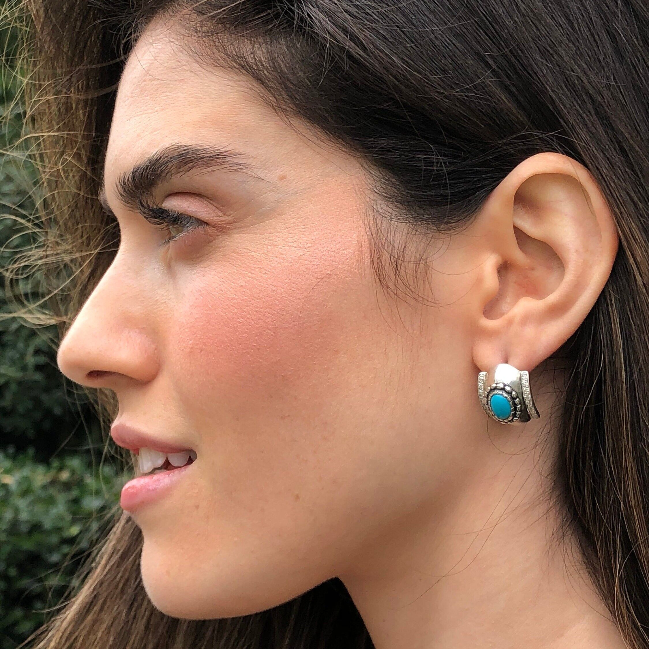 Natural Turquoise Earrings, Bezel Turquoise Earrings, December Birthstone, Vintage Earrings, Sleeping Beauty Gem, Solid Silver Earrings