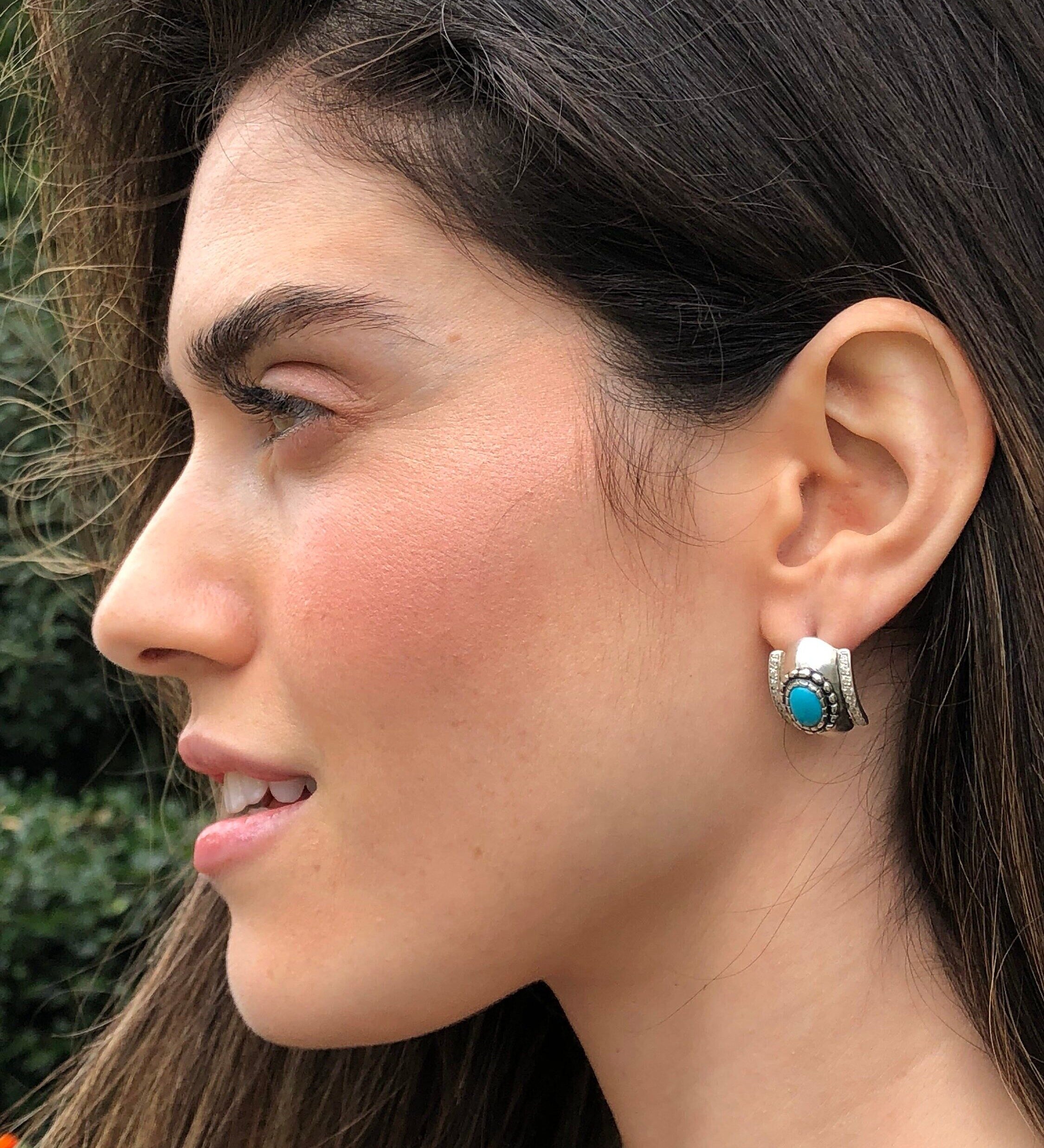 Natural Turquoise Earrings, Bezel Turquoise Earrings, December Birthstone, Vintage Earrings, Sleeping Beauty Gem, Solid Silver Earrings