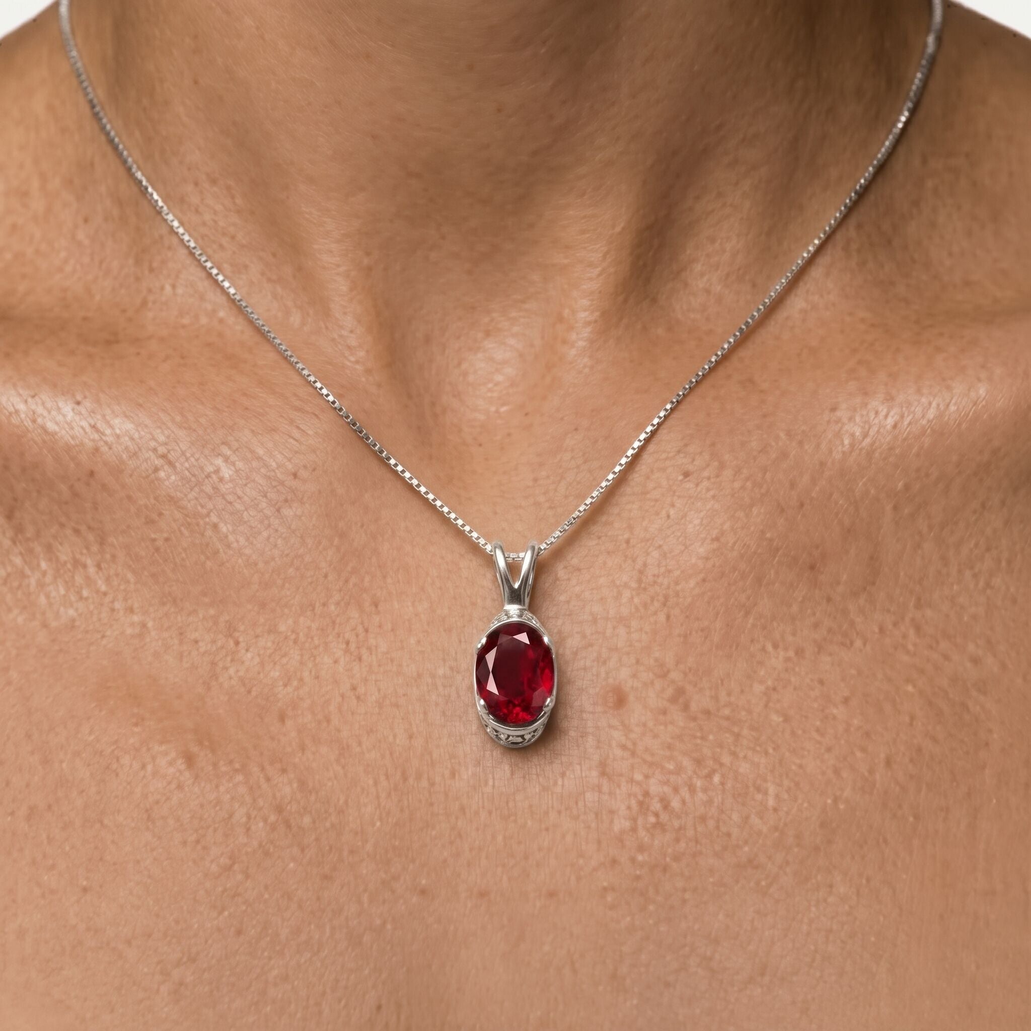Elegant Ruby Pendant in 925 Sterling Silver, featuring an Oval Created Red Ruby, perfect for birthdays and special occasions.
