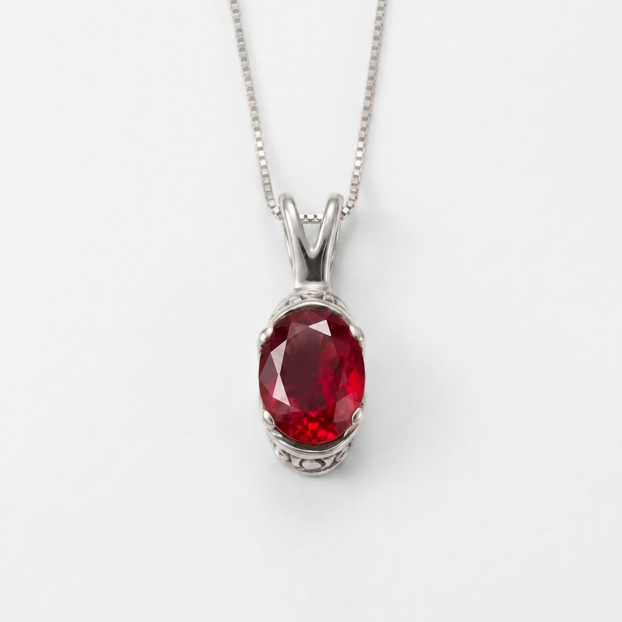 Created Ruby Pendant made in 925 Sterling Silver with Oval Created Red Ruby in Solitaire setting, July Birthstone gift idea, symbolizes nobility, purity, and passion, ideal for everyday wear and perfect for birthday gifting and special occasions.