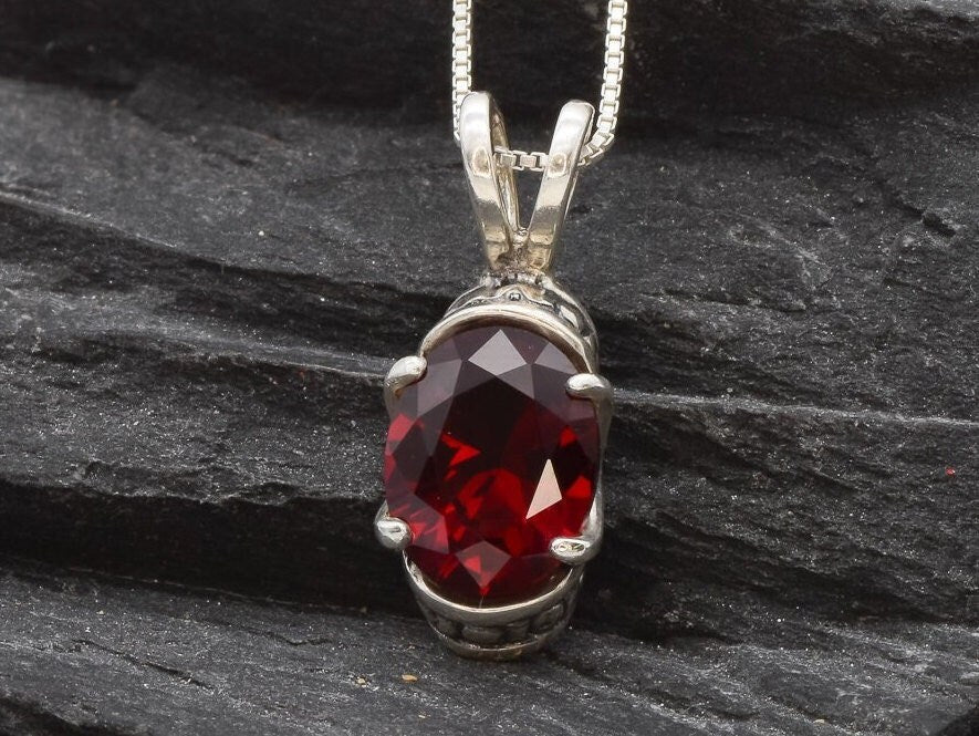 Elegant Ruby Pendant in 925 Sterling Silver, featuring an Oval Created Red Ruby, perfect for birthdays and special occasions.
