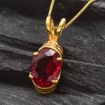 Designed Ruby Pendant in 18k Gold Vermeil featuring an Oval Created Red Ruby, perfect for July birthdays and special occasions.