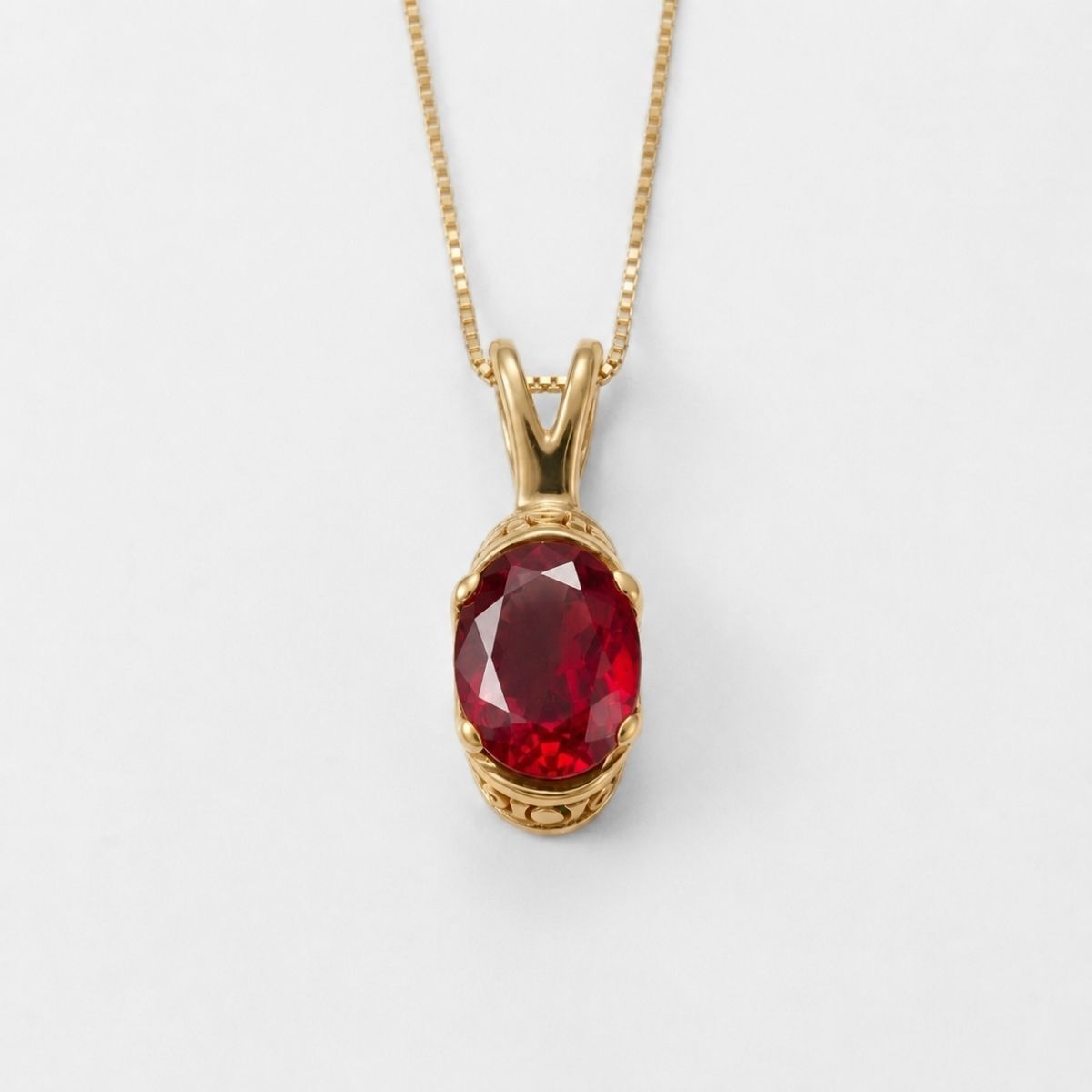 Created Ruby Pendant made in 18k Gold Vermeil with Oval Created Red Ruby in Solitaire setting, July Birthstone gift idea, symbolizes nobility, purity, and passion, ideal for everyday wear and perfect for birthday gifting and special occasions.