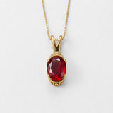 Created Ruby Pendant made in 18k Gold Vermeil with Oval Created Red Ruby in Solitaire setting, July Birthstone gift idea, symbolizes nobility, purity, and passion, ideal for everyday wear and perfect for birthday gifting and special occasions.