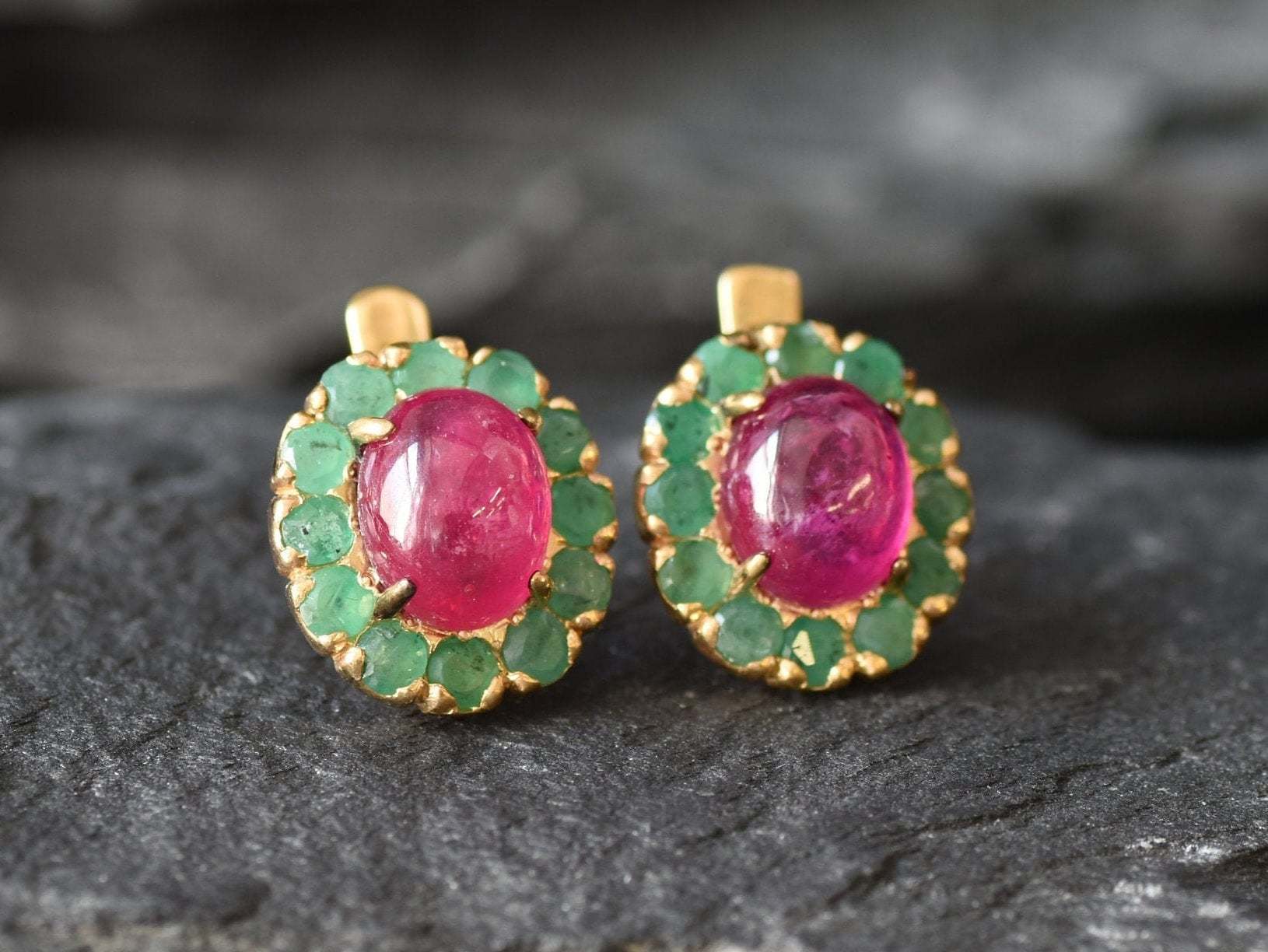 Ruby Earrings, Emerald Earrings, Natural Ruby, Natural Emerald, Vintage Earrings, May Birthstone, July Birthstone, Victorian Earrings, Ruby(1)