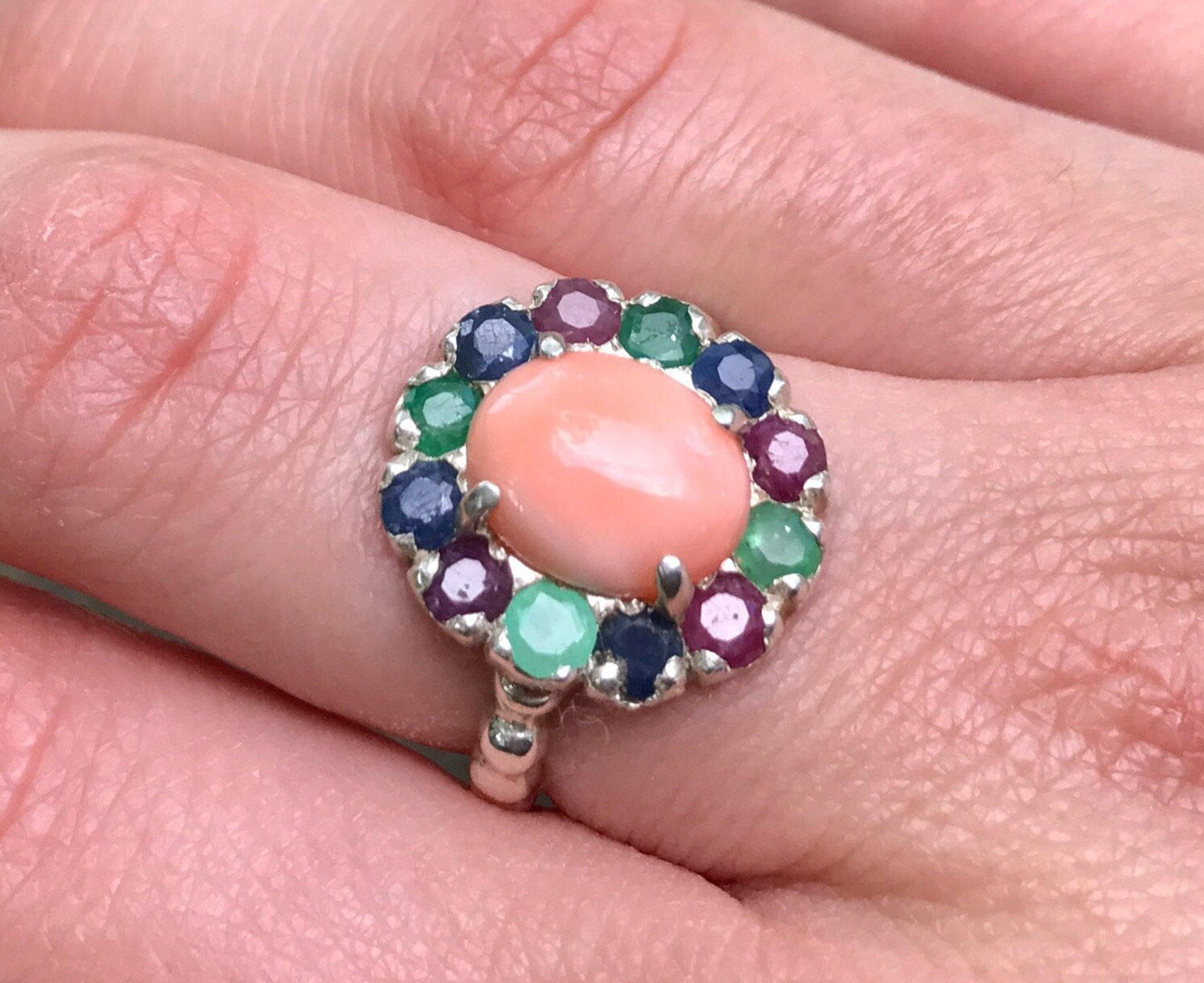 Birthstones Ring, Coral Ring, Natural Coral, Victorian Ring, Emerald Ring, Pink Coral Ring, Oval Ring, Sterling Silver Ring, Sapphire, Ruby