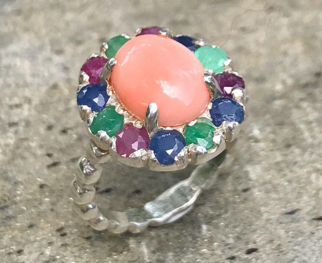 Birthstones Ring, Coral Ring, Natural Coral, Victorian Ring, Emerald Ring, Pink Coral Ring, Oval Ring, Sterling Silver Ring, Sapphire, Ruby