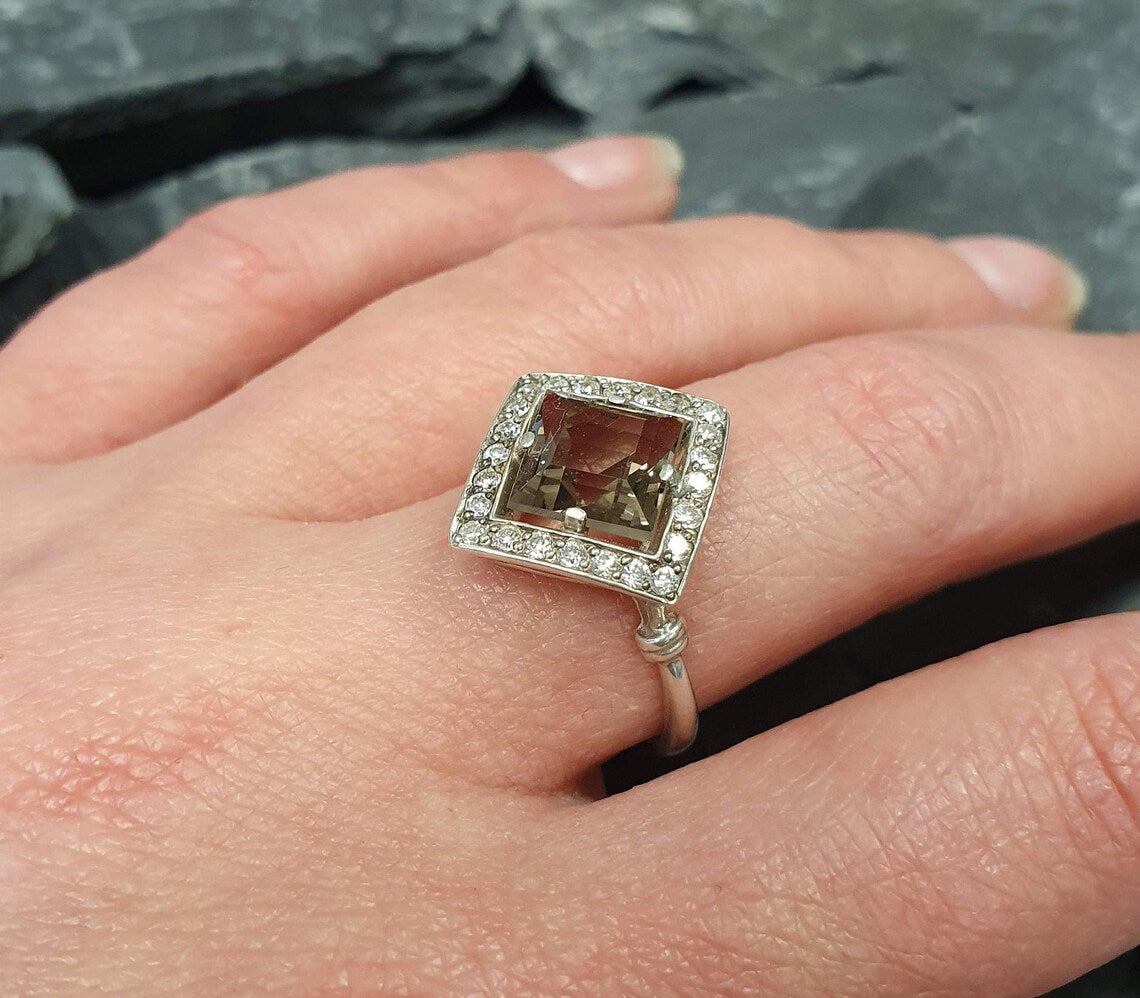 Smoky Topaz Ring, Natural Topaz Ring, Princess Cut Ring, Rhombus Ring, December Birthstone, Square Ring, Vintage Silver Ring, Vintage Rings
