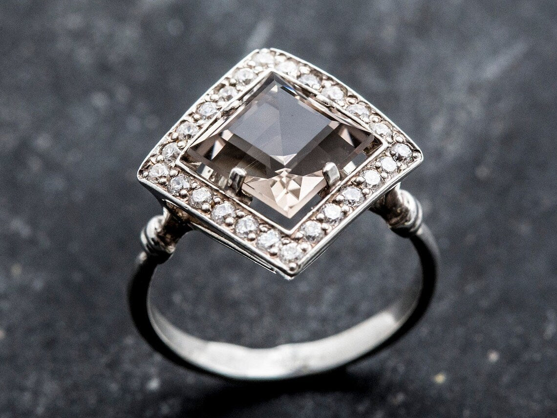 Smoky Topaz Ring, Natural Topaz Ring, Princess Cut Ring, Rhombus Ring, December Birthstone, Square Ring, Vintage Silver Ring, Vintage Rings