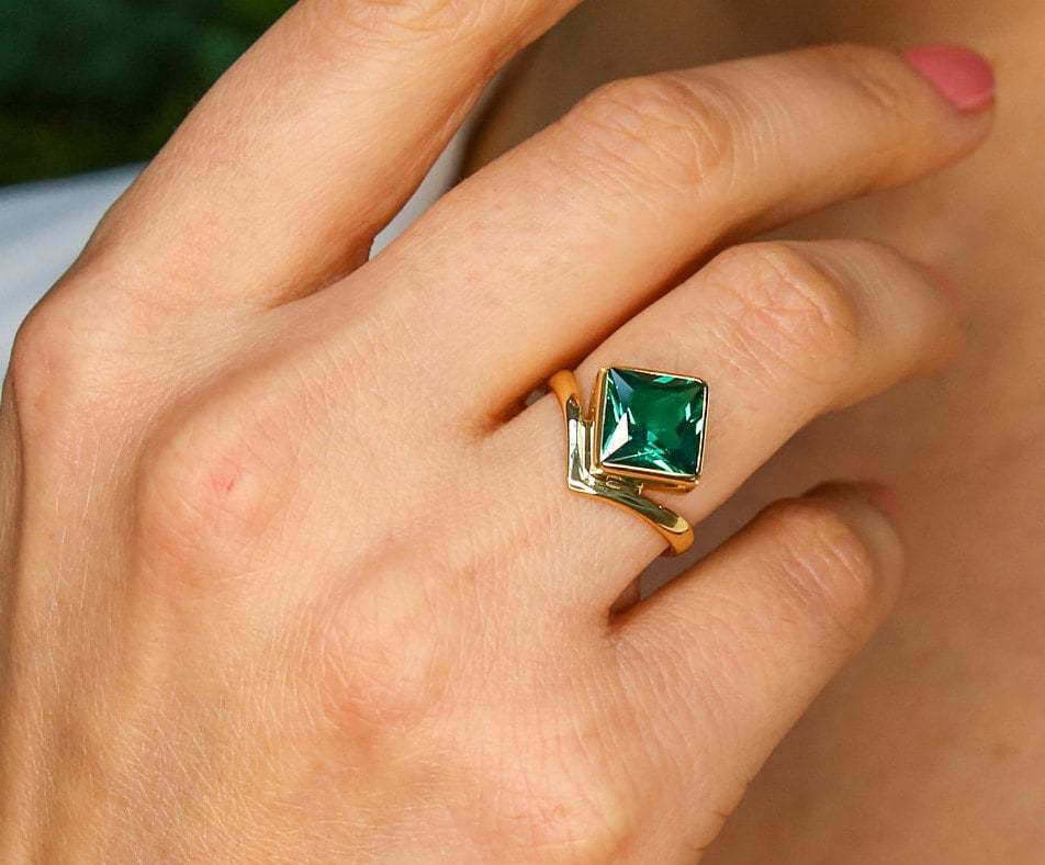 Created Emerald Ring in 18k Gold Vermeil, featuring a Square Green Emerald, perfect for May birthdays and everyday elegance.