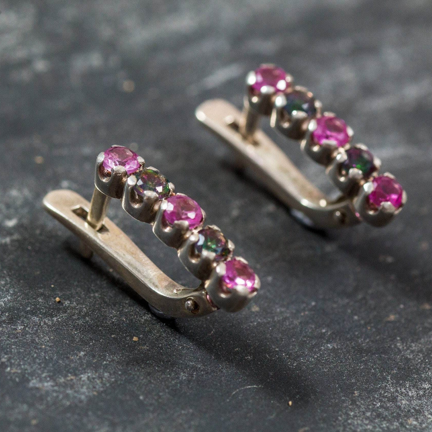 Tourmaline Earrings, Mystic Topaz Earrings, Natural Tourmaline, Topaz Earrings, Vintage Earrings, Pink Earrings, Silver Earrings, Tourmaline