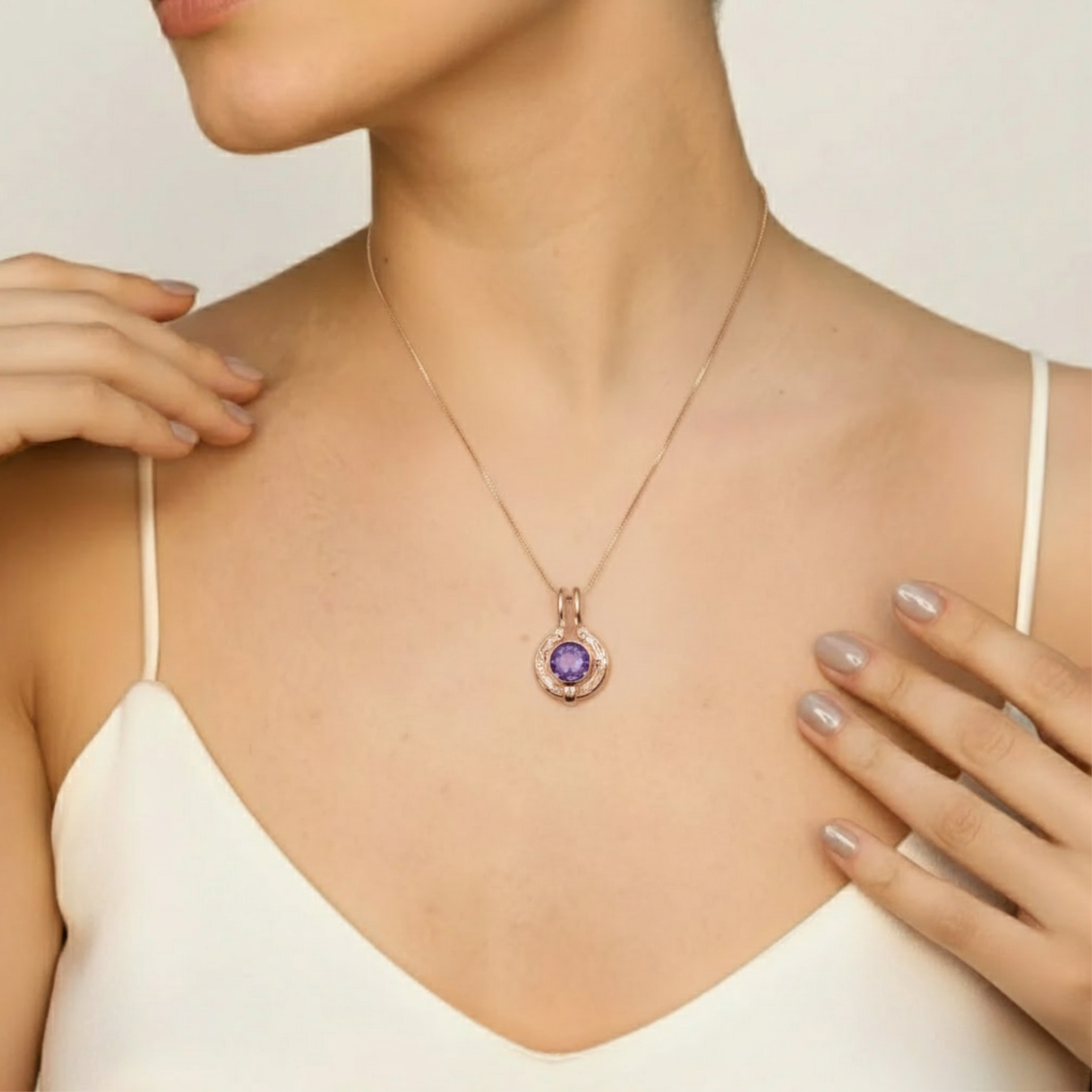 Rose Gold Vermeil Amethyst Pendant, February Birthstone, symbolizes peace & clarity, perfect for everyday wear and special occasions.
