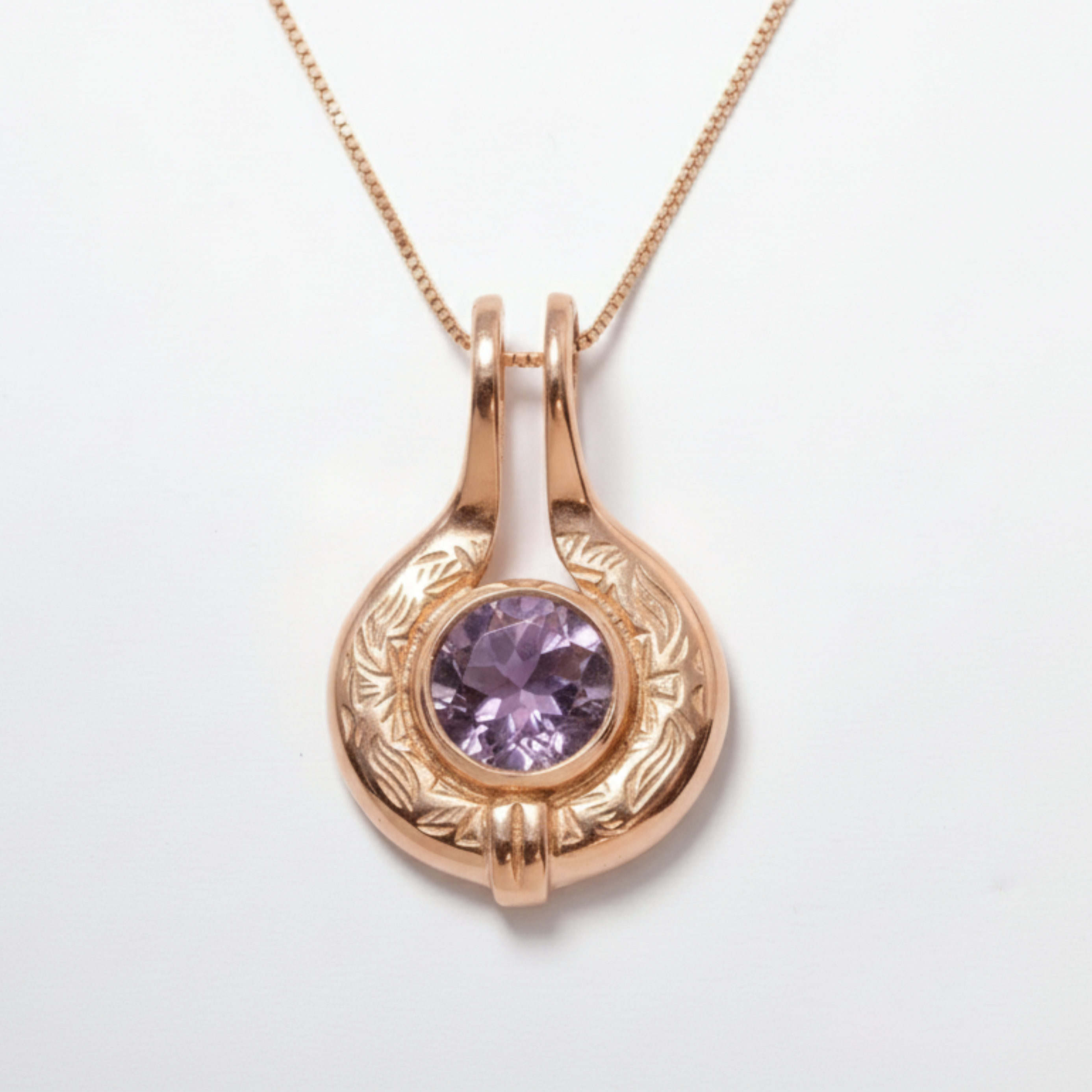 Natural Amethyst Pendant made in Rose Gold Vermeil with Round Natural Purple Amethyst in Bezel setting, February Birthstone gift idea, symbolizes peace & clarity, ideal for everyday wear and perfect for birthday gifting and special occasions.