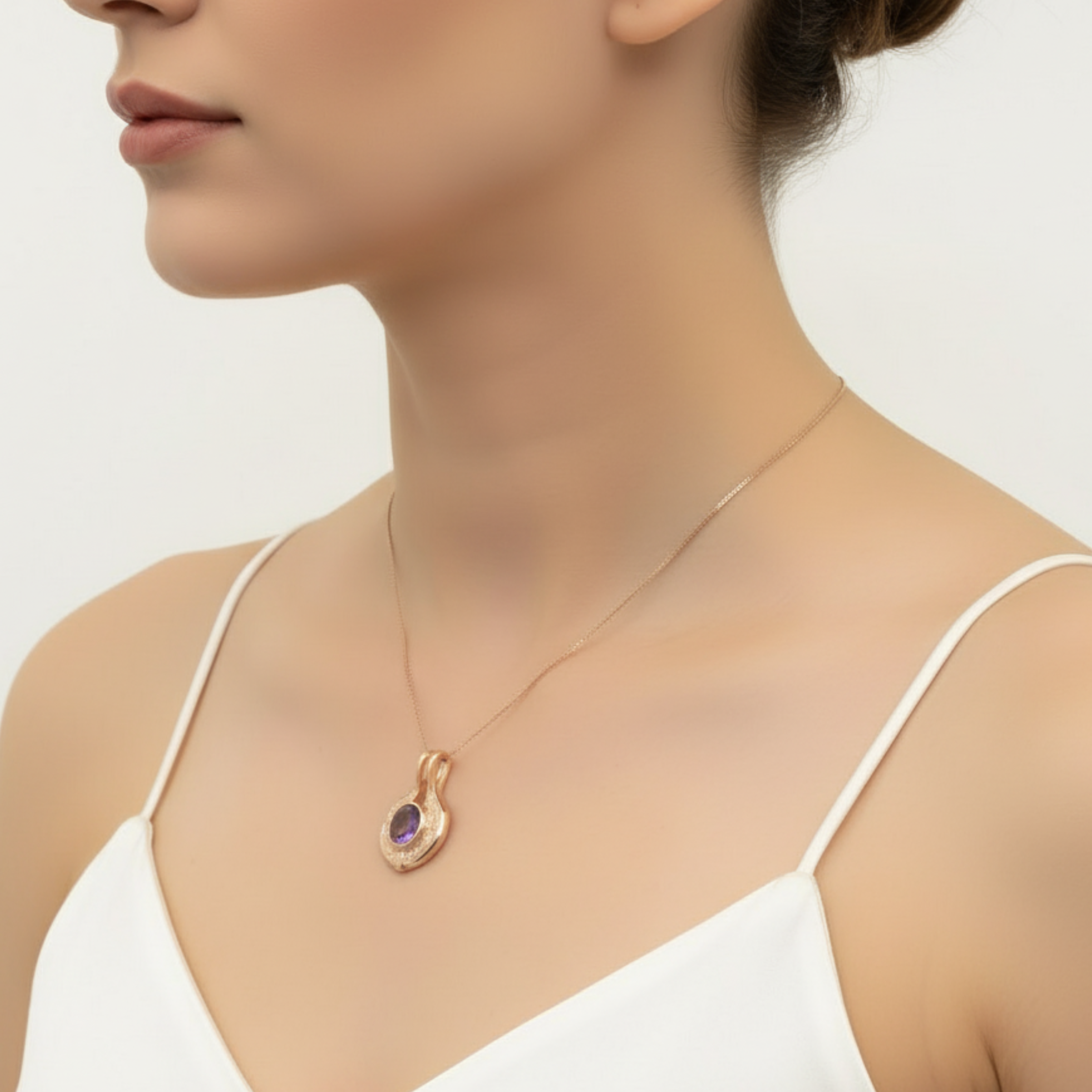 Elegant Rose Gold Vermeil Amethyst Pendant featuring a bezel-set purple gem, perfect for February birthdays and daily elegance.