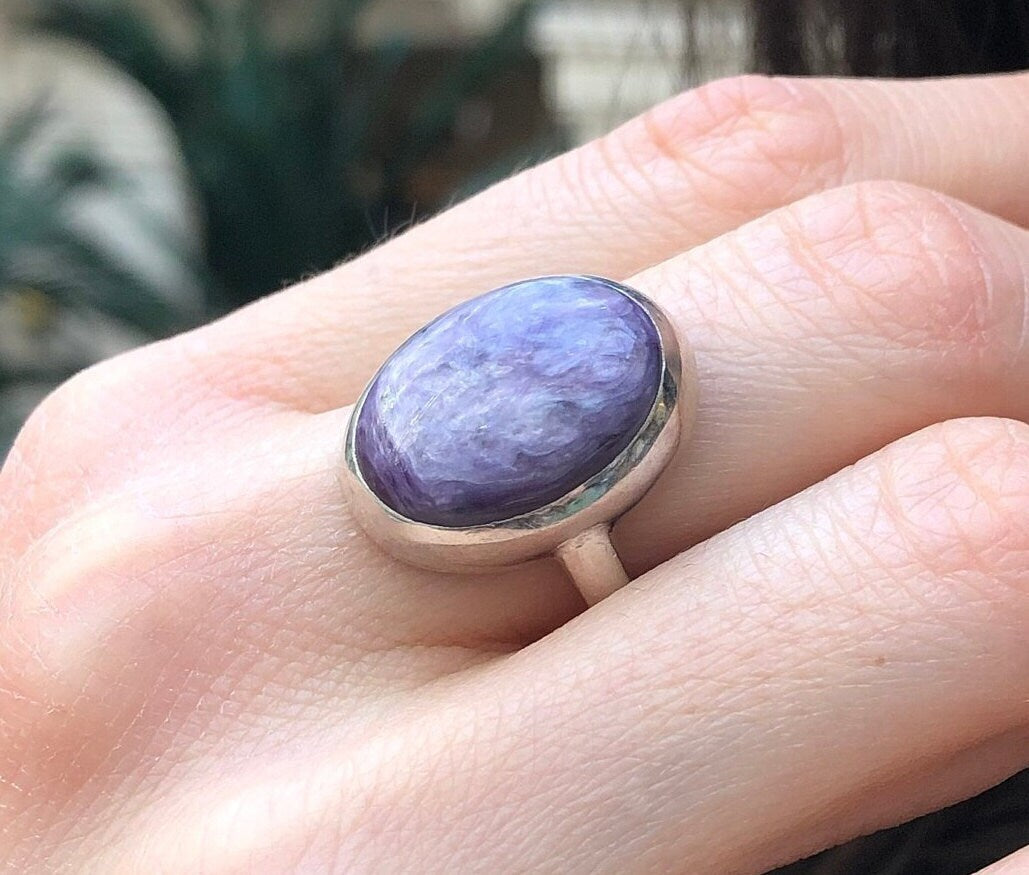Large Oval Ring, Charoite Ring, Statement Purple Ring, Gemini Birthstone, Retro Ring, Large Purple Ring, Outstanding Ring, Solid Silver Ring