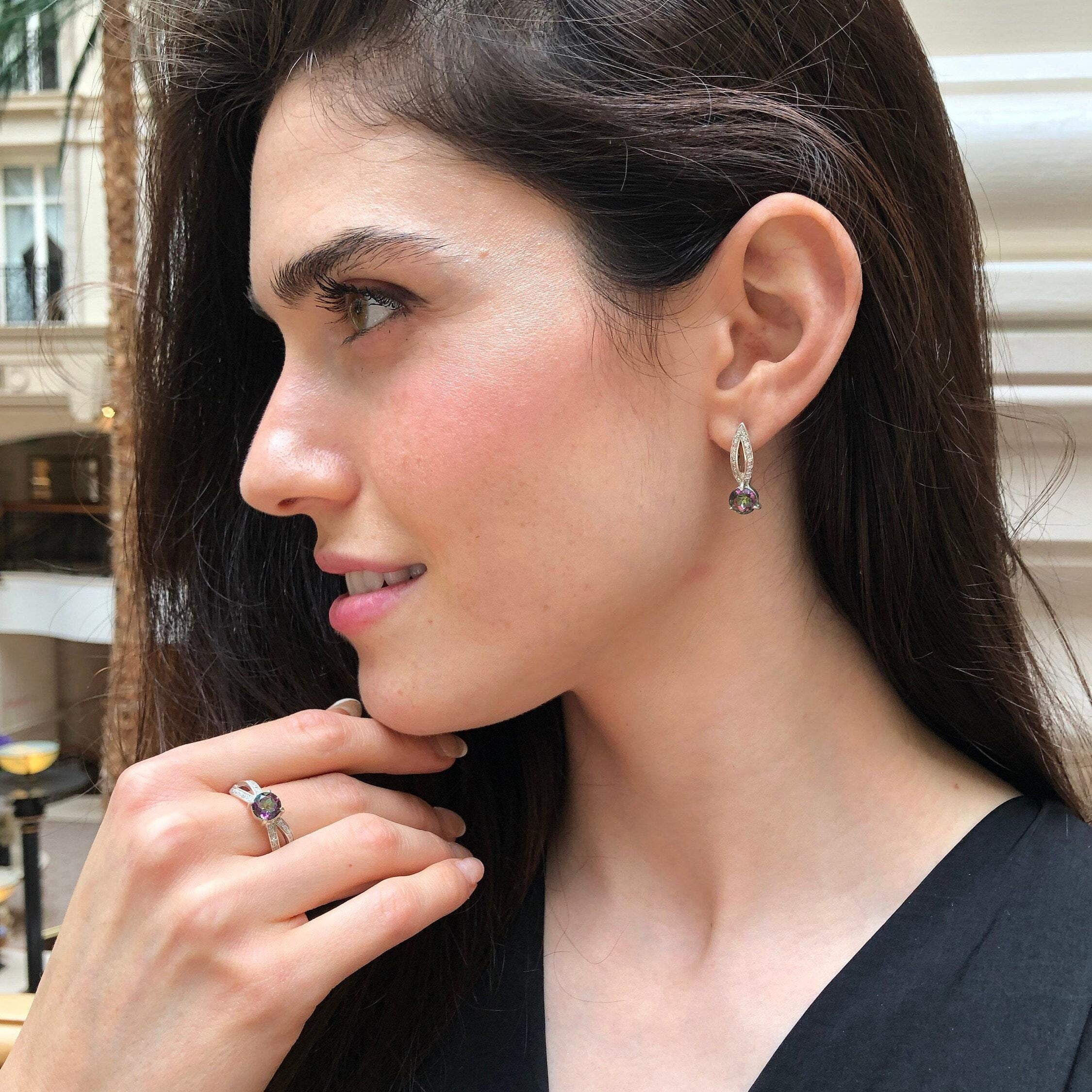 Mystic Topaz Earrings, Natural Mystic Topaz, Purple Earrings, Long Earrings Studs, Sparkly Earrings, Antique Earrings, Solid Silver Earrings