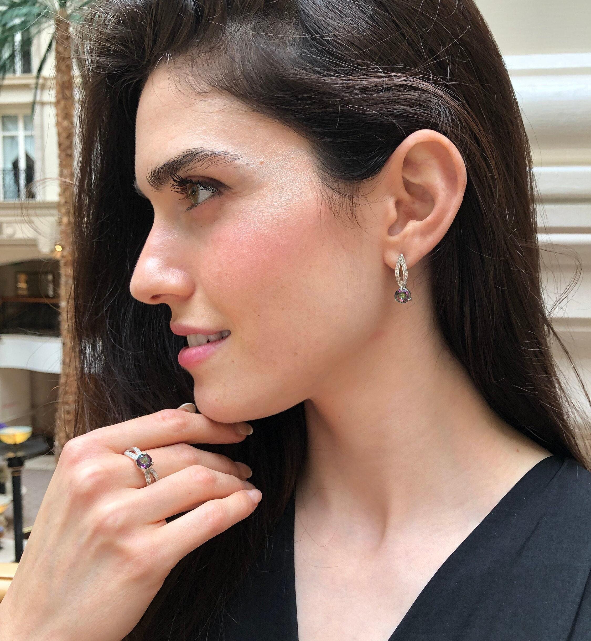 Mystic Topaz Earrings, Natural Mystic Topaz, Purple Earrings, Long Earrings Studs, Sparkly Earrings, Antique Earrings, Solid Silver Earrings