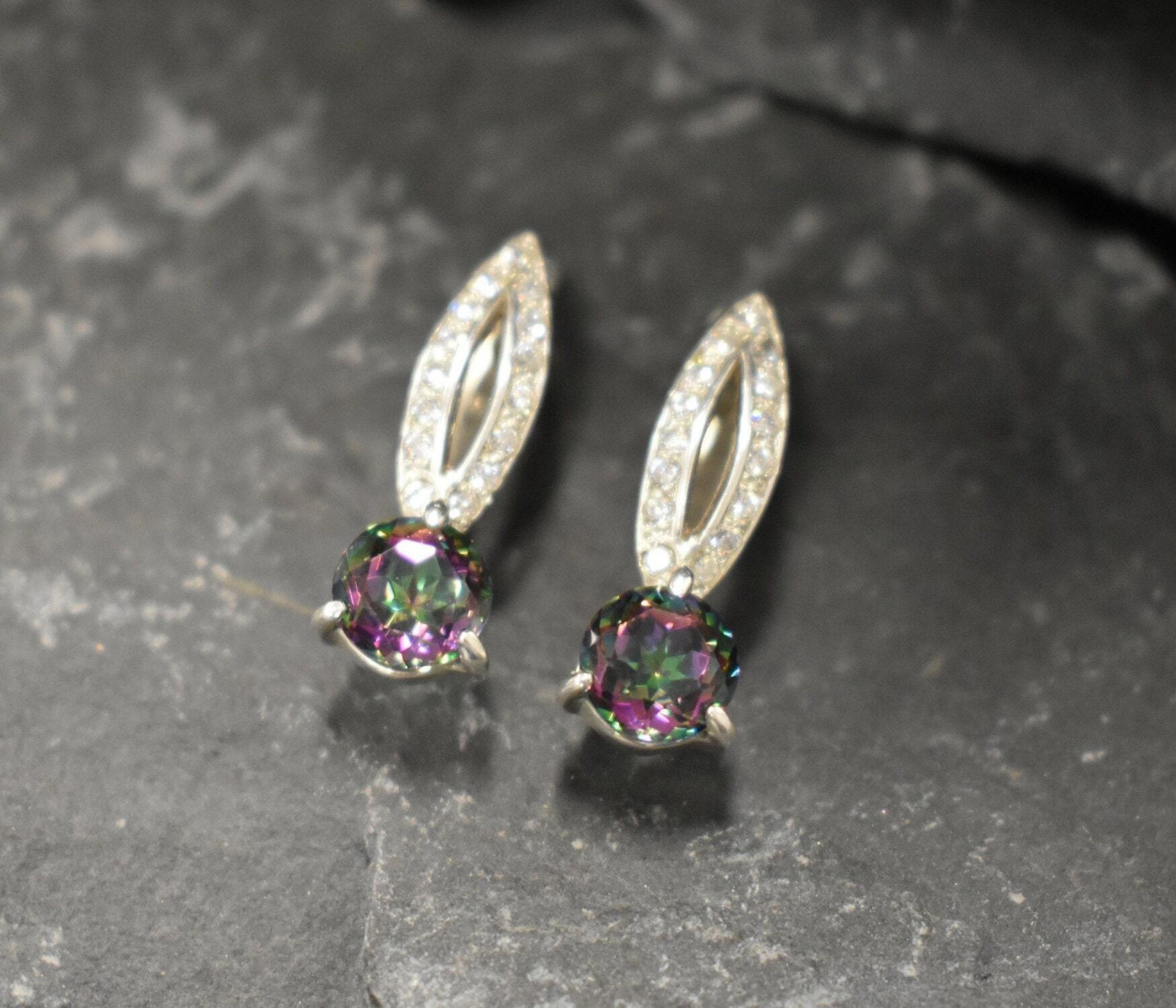 Mystic Topaz Earrings, Natural Mystic Topaz, Purple Earrings, Long Earrings Studs, Sparkly Earrings, Antique Earrings, Solid Silver Earrings