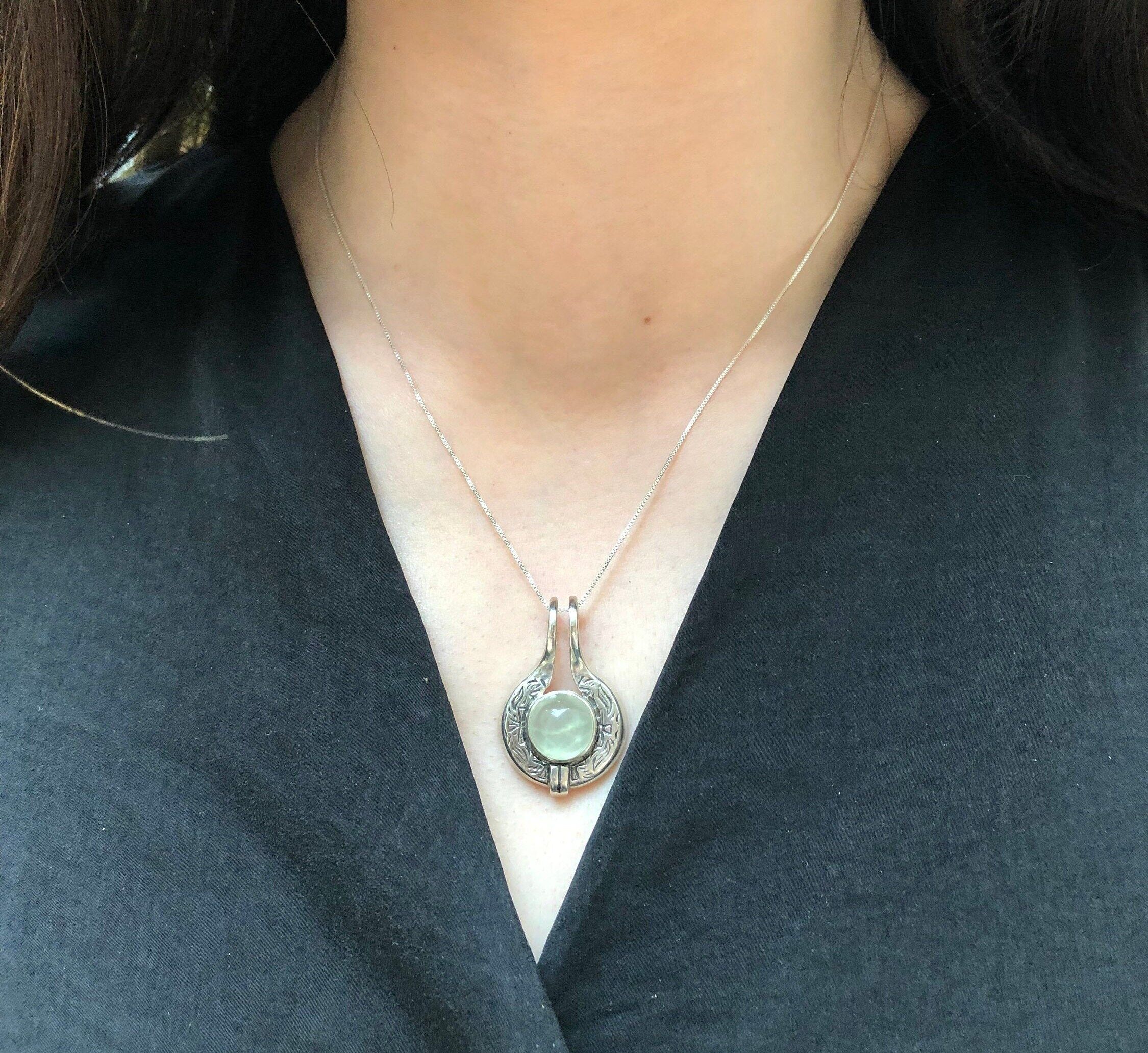 Prehnite Pendant, Natural Prehnite, May Birthstone, Tribal Pendant, Silver Round Pendant, Green Pendant, Vintage Pendant, Silver Pendant