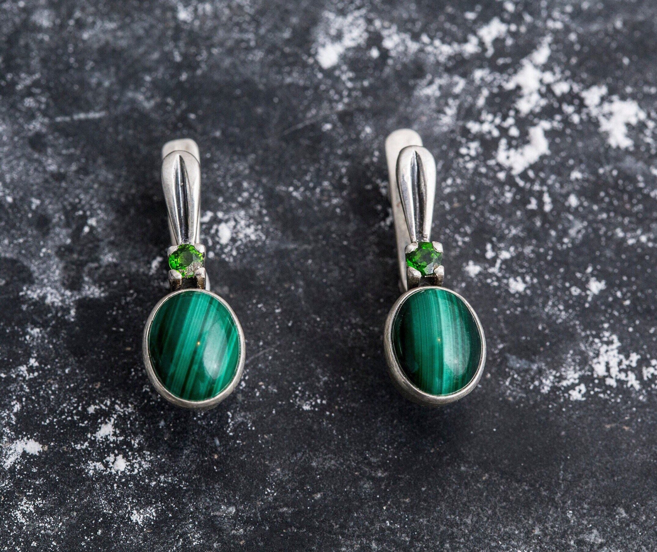 Malachite Earrings, Natural Malachite, Chrome Diopside, Unique Earrings, African Stone, Antique Ring, Silver Earrings, Green Malachite