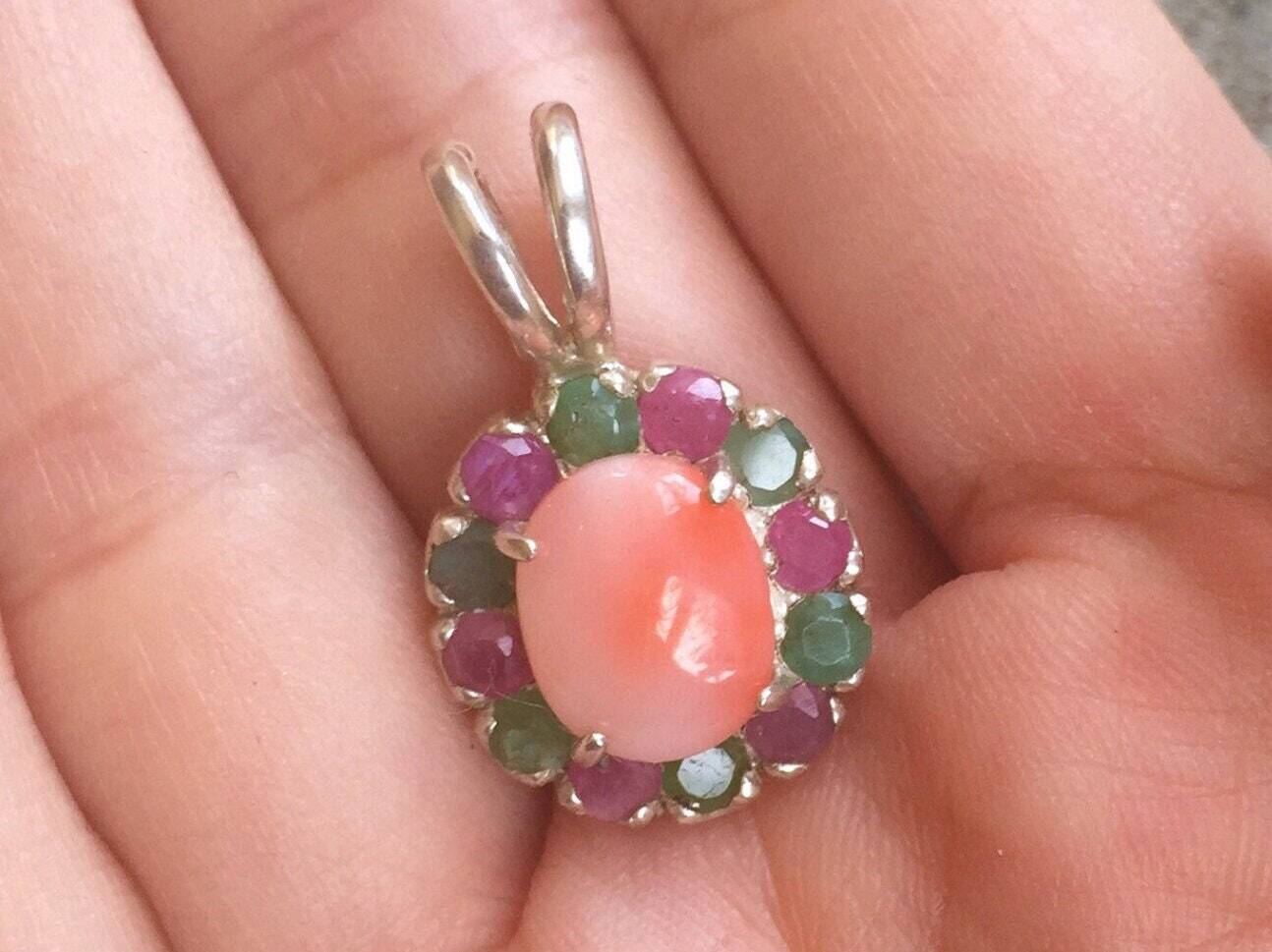 Coral Pendant, Angel Skin Coral, Vintage Coral, Emerald Pendant, Natural Emerald, Pink Coral, Birthstone Pendant, Rare Coral, Pure Silver